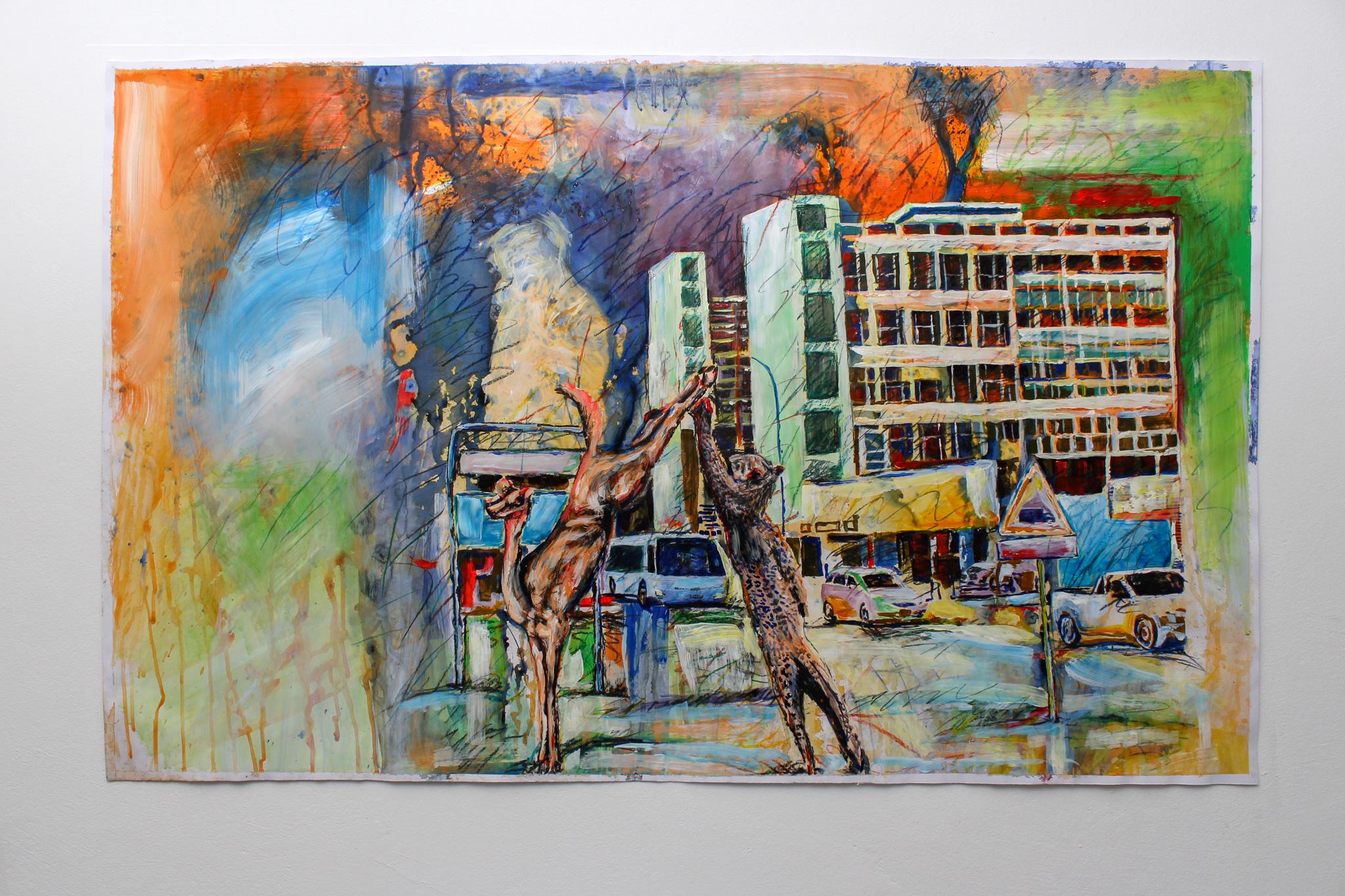 burden of proof, 2022. Mischtechniken: Holzkohle, Pastell, Acrylfarbe auf aufgearbeitetem Papier

Er schloss 2010 sein Studium an der University of Namibia mit einem Bachelor of Art (Fine Art) mit Auszeichnung ab und unterrichtete Bildende Kunst am