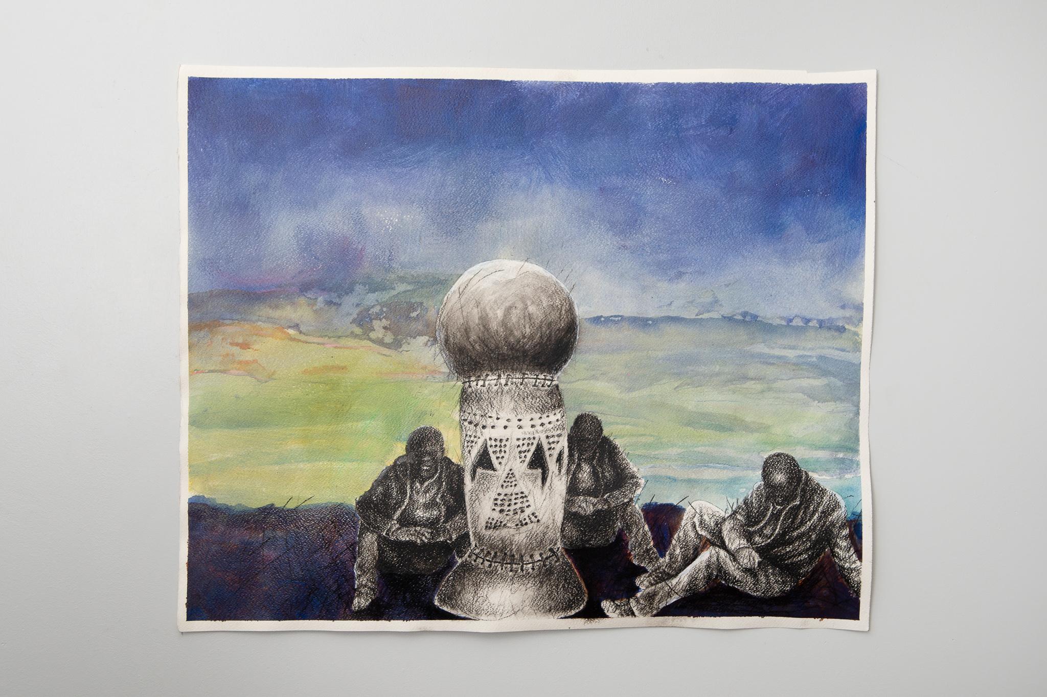 Contemplating Cultural Restoration, 2021. Mixed media: charcoal and acrylic paint on Fabriano

Fillipus Sheehama's latest large-scale sculptural textiles have grown out of an exploration of recycled materials and their link to overconsumption. The