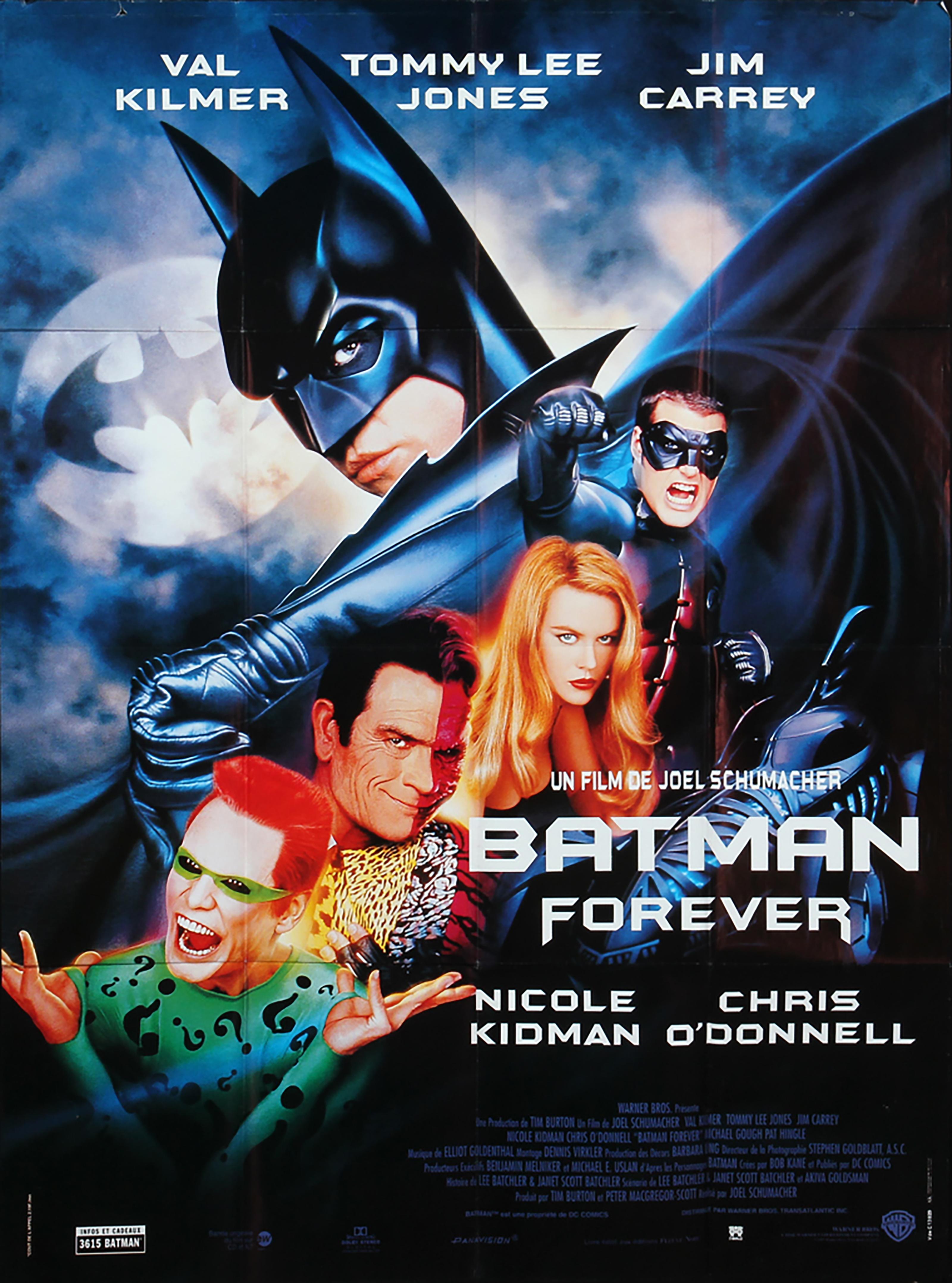 Large, French film poster for the American film 'Batman Forever' with Val Kilmer, offset print, 1995. 156 x 115 cm. Without frame. Folders (these posters have always been sent folded to the cinemas), individual use marks.