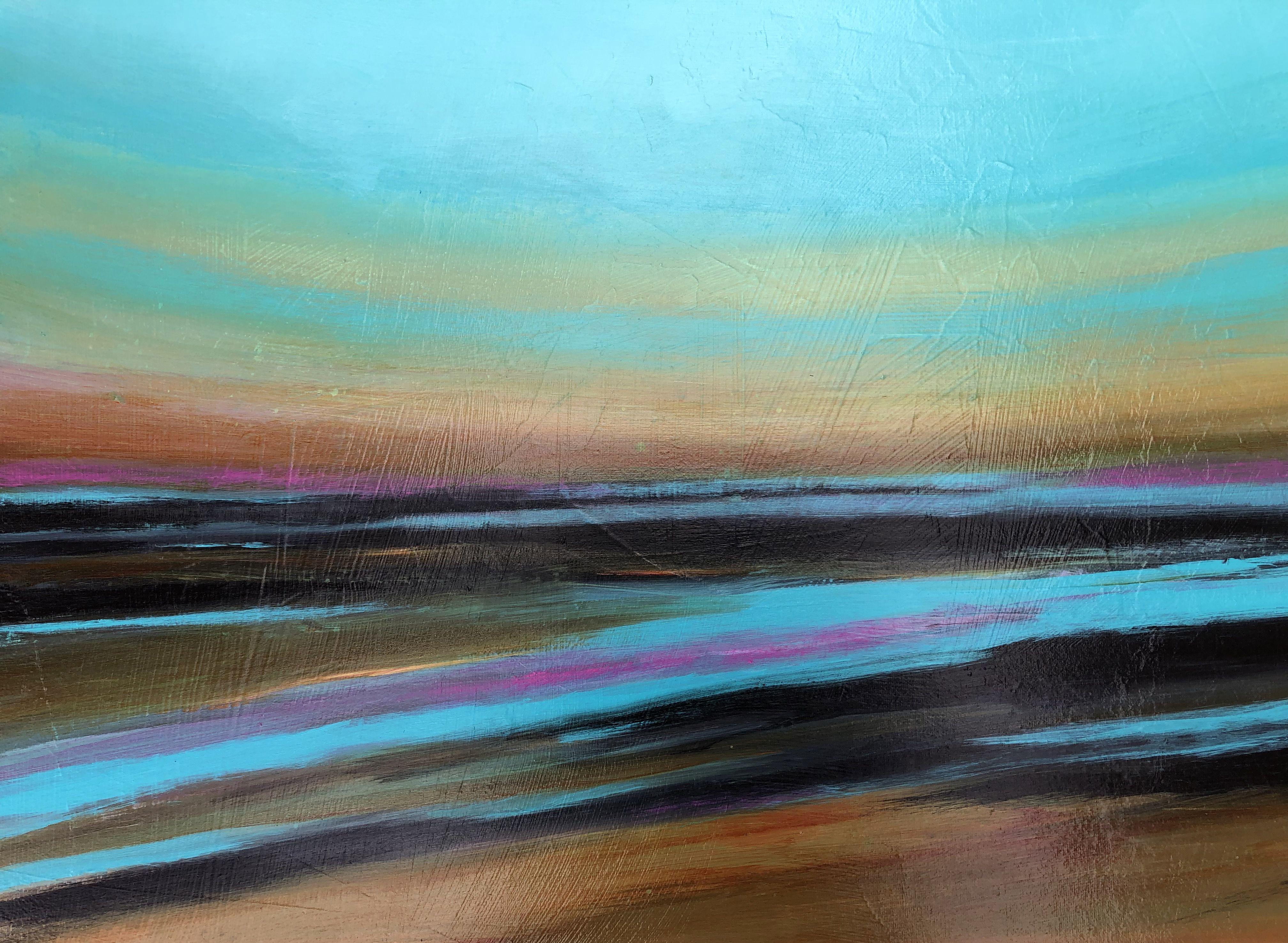 This original, abstract seascape painting is stretched on a 1.5