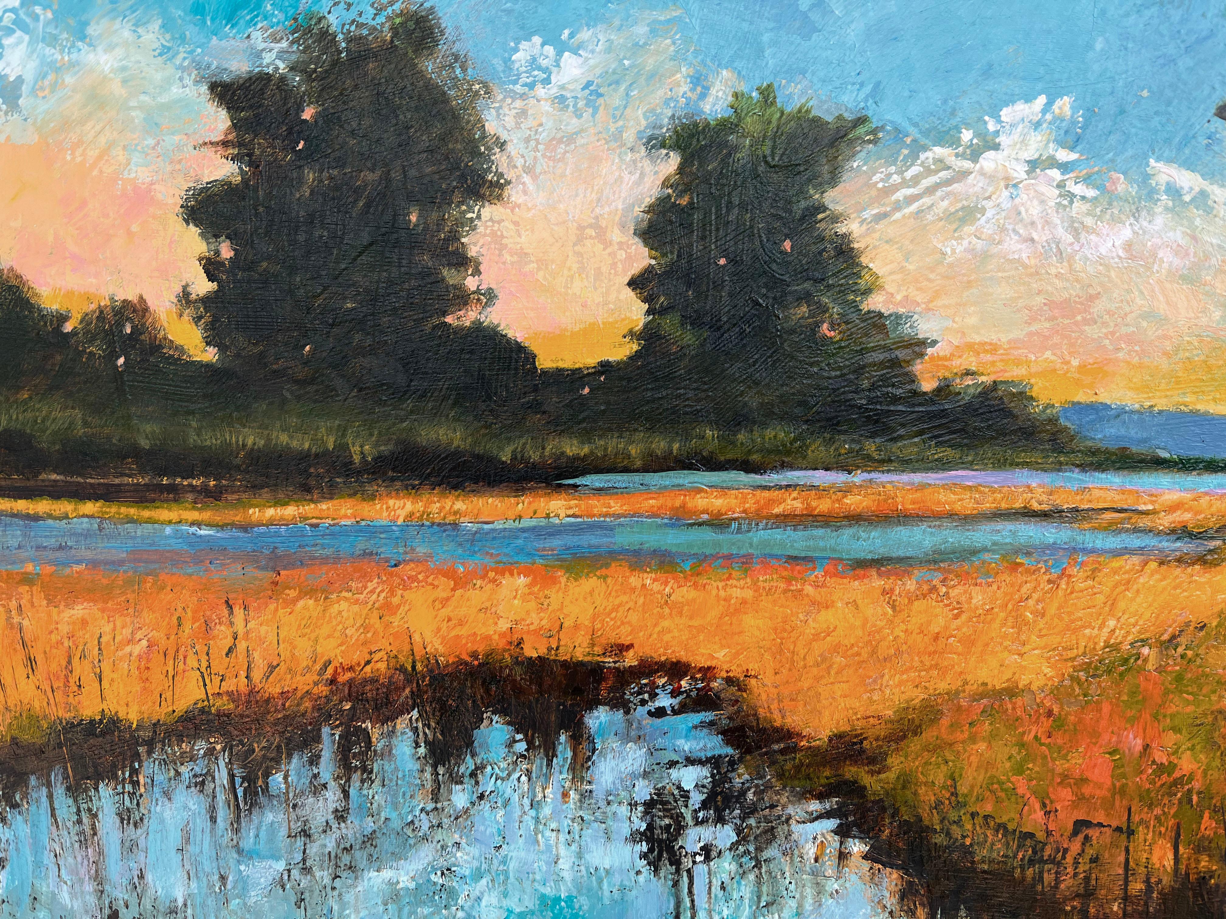 Coucher de soleil d'automne - Peinture gestuelle acrylique de paysage de marais - Painting de Filomena Booth