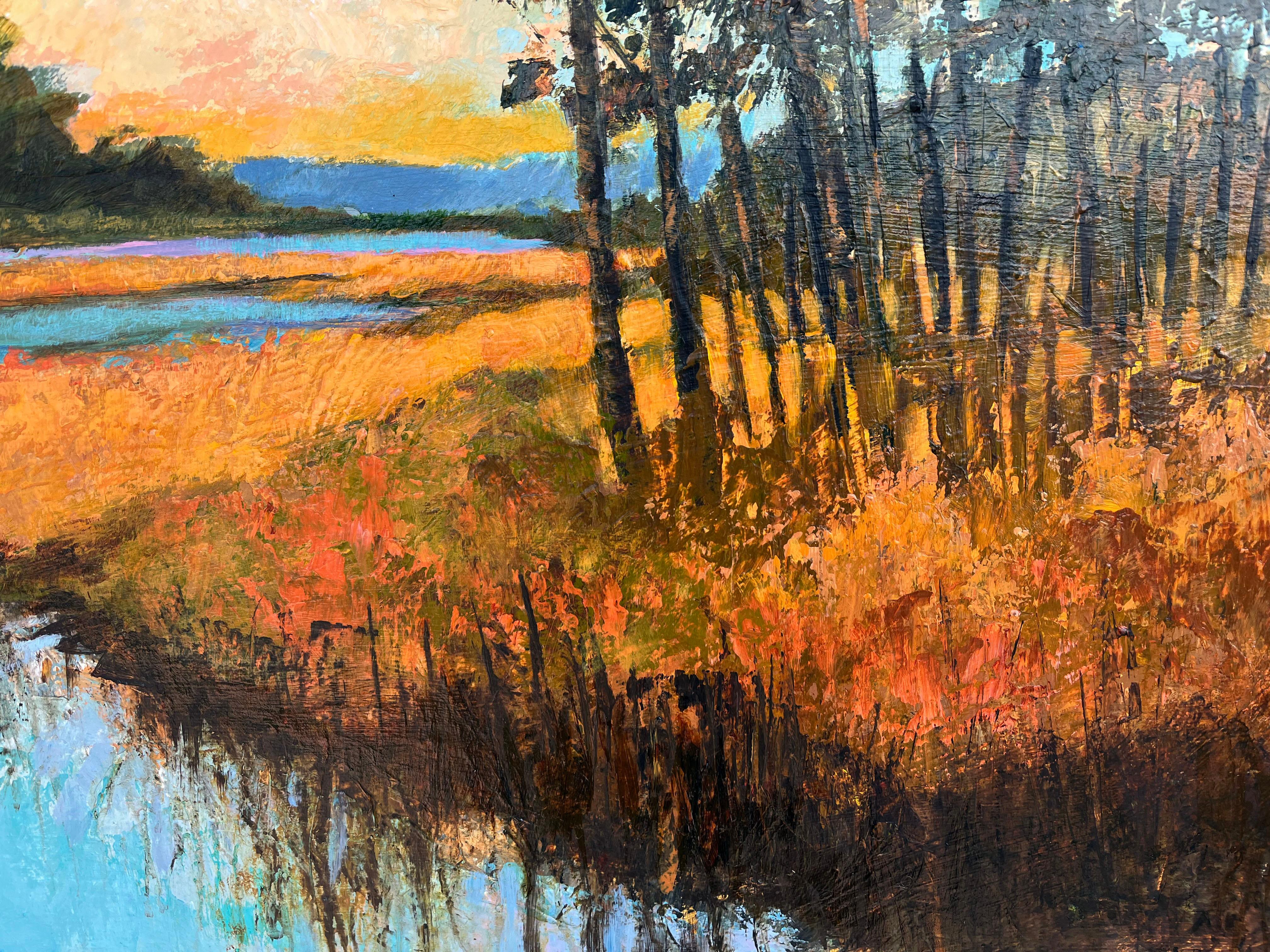 Coucher de soleil d'automne - Peinture gestuelle acrylique de paysage de marais - Impressionnisme Painting par Filomena Booth