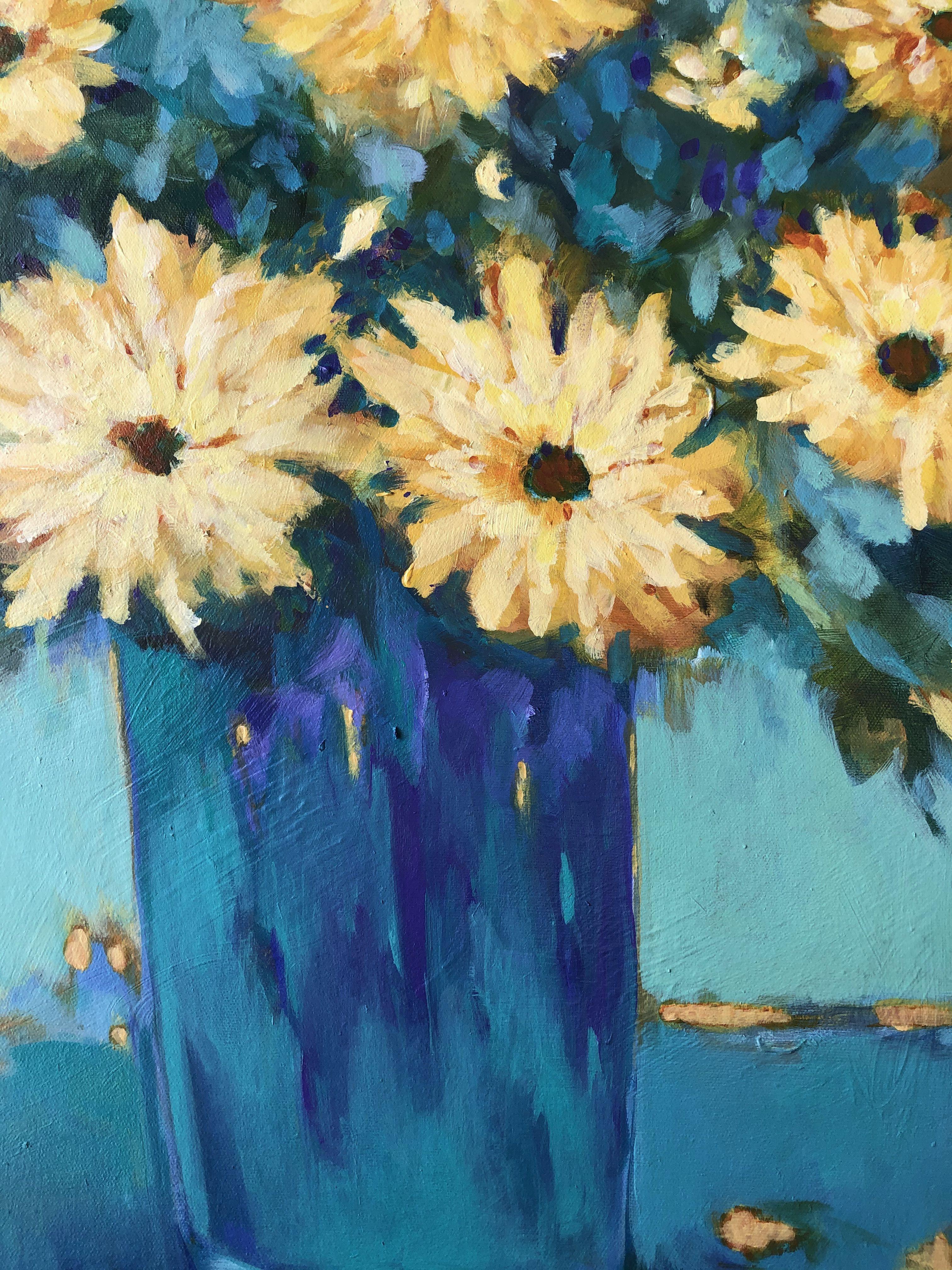 This original, contemporary abstract floral painting is stretched on a textured 1.5