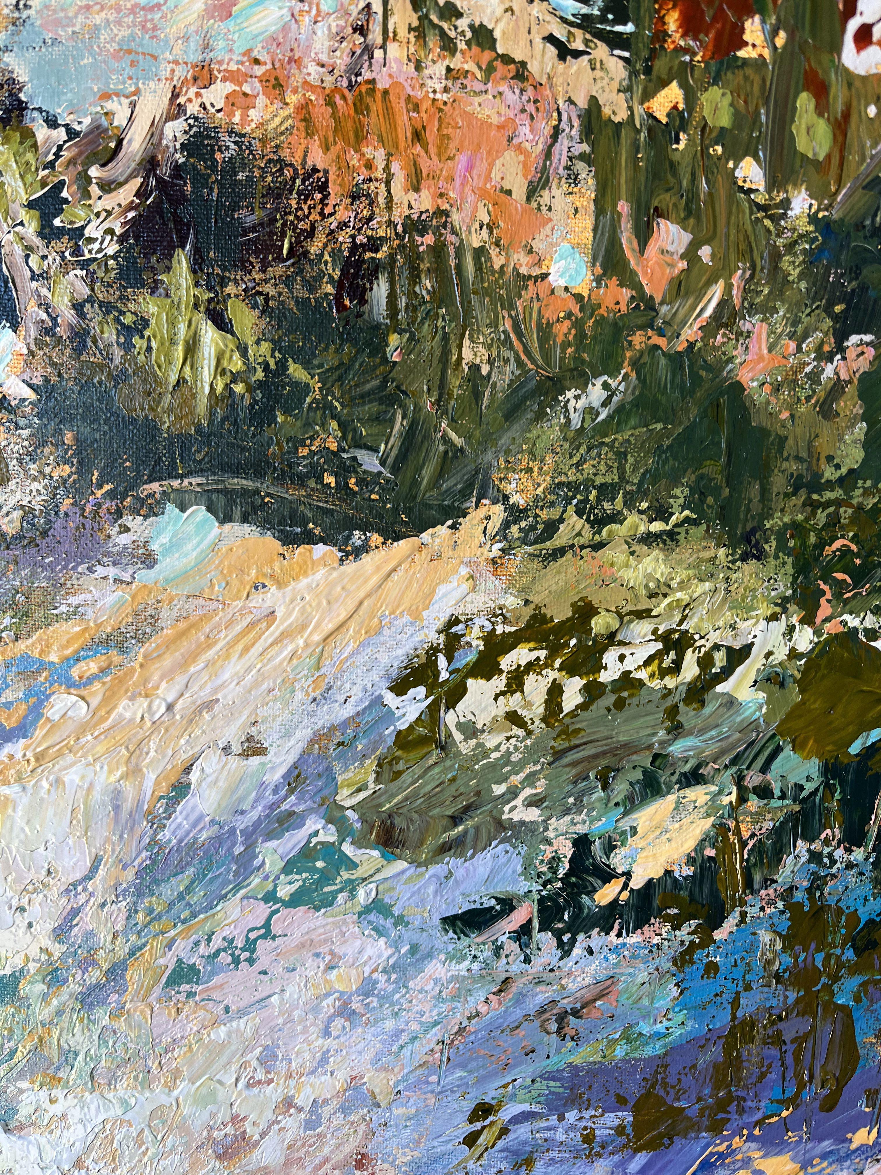 Este cuadro original semiabstracto pintado con espátula acrílica está tensado sobre un lienzo para envolver en galería de 1,5