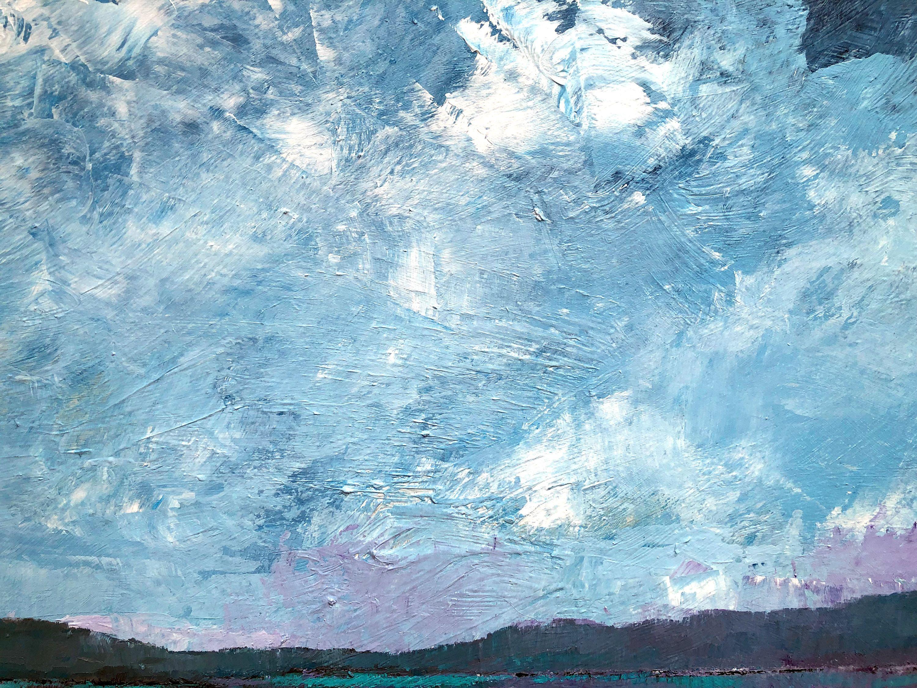 This original, abstract landscape/seascape painting is stretched on a 1.5