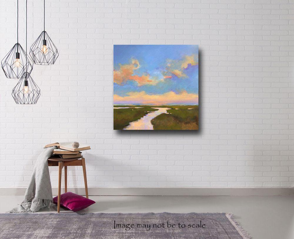 This original, impressionistic landscape painting is stretched on a 1.5