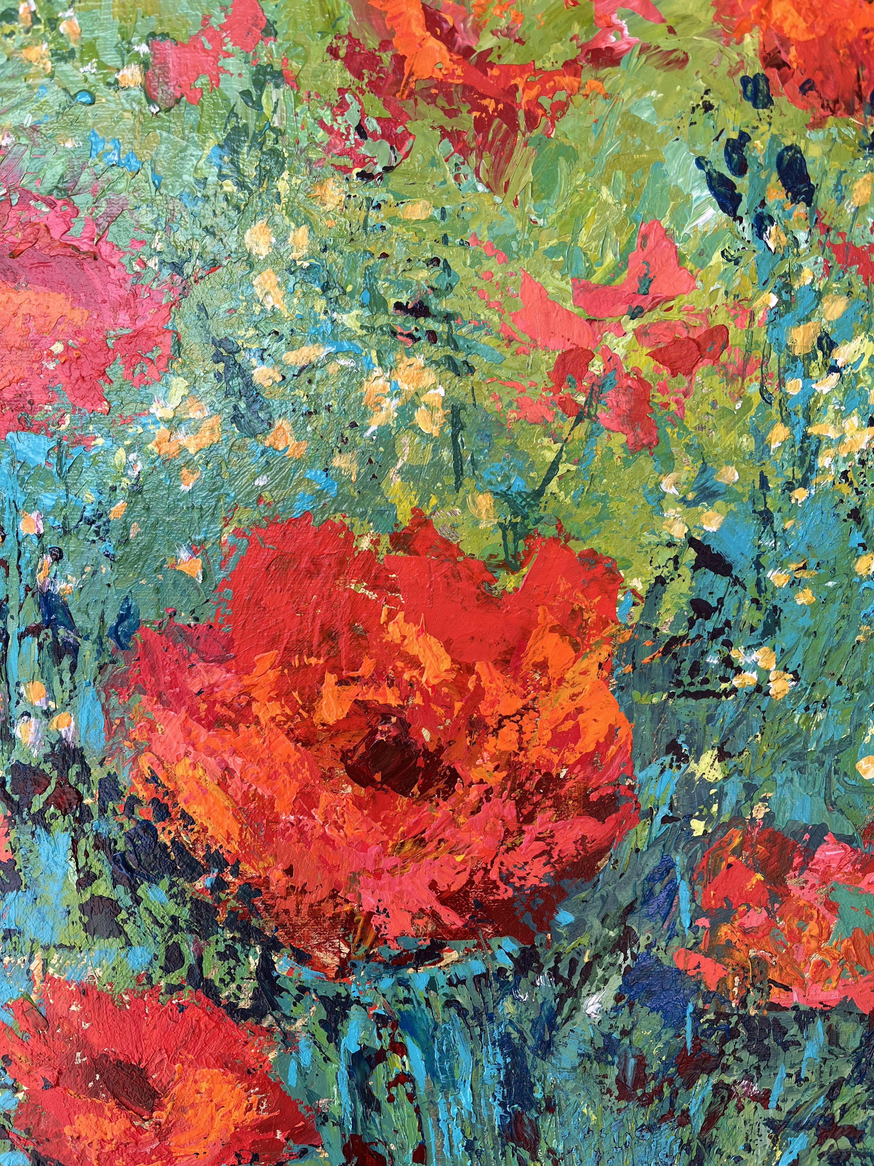 This original, abstract impressionist palette knife floral painting is stretched on a 1.5