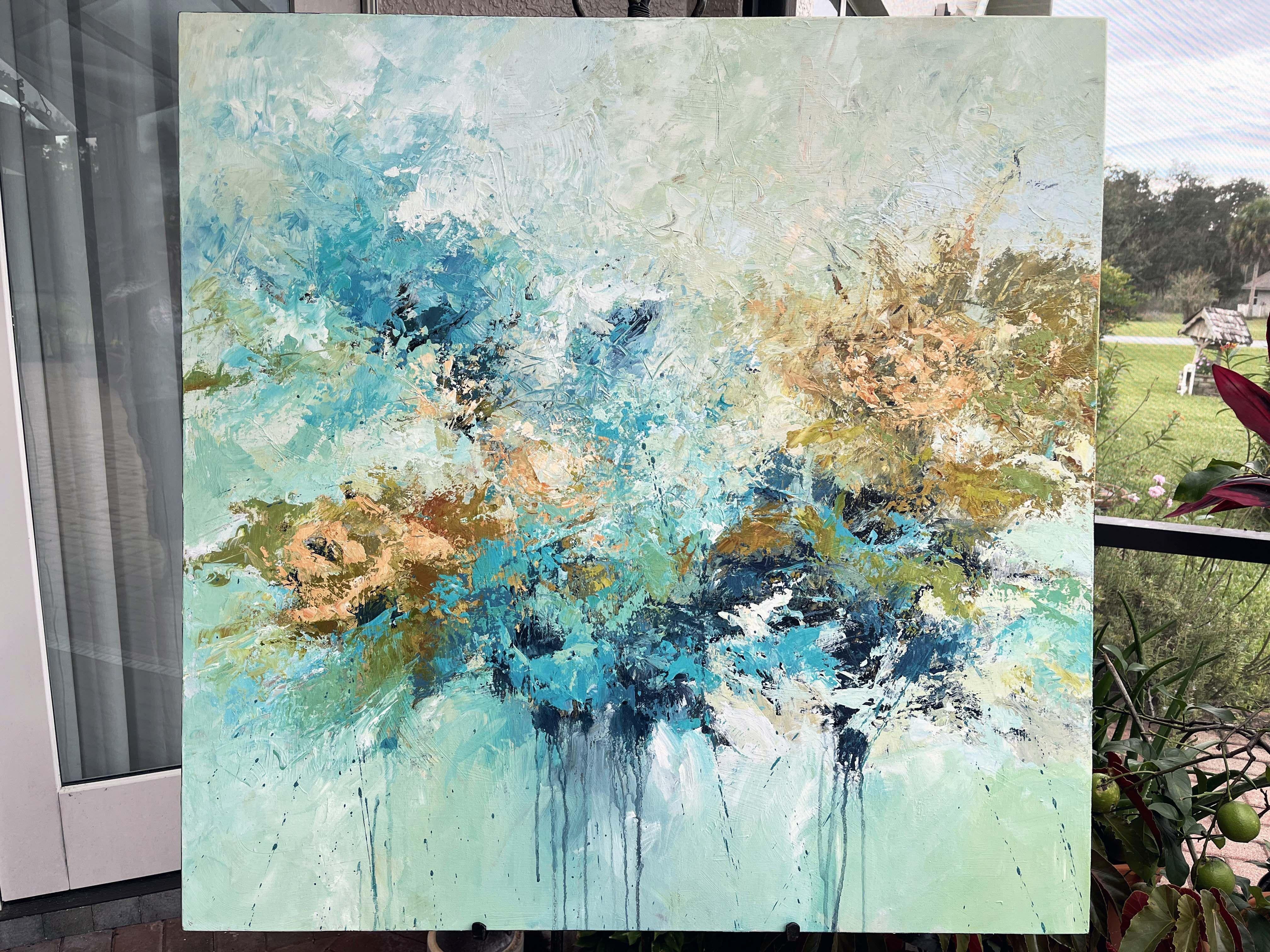 This original, semi-abstract impressionistic acrylic floral painting is stretched on a 1.5