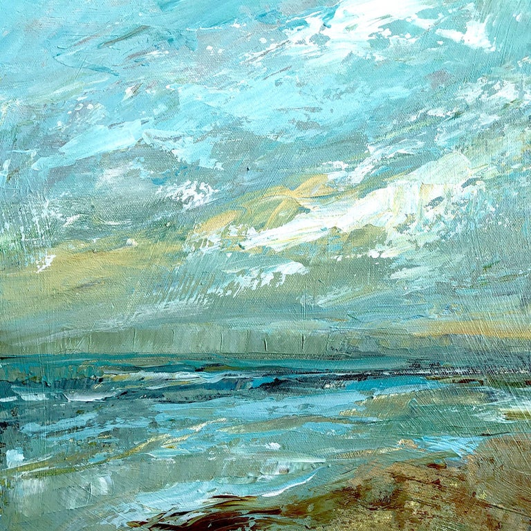 Paul Norwood - Parting Clouds acrylic palette knife painting of a beach,  cliffs and ocean For Sale at 1stDibs