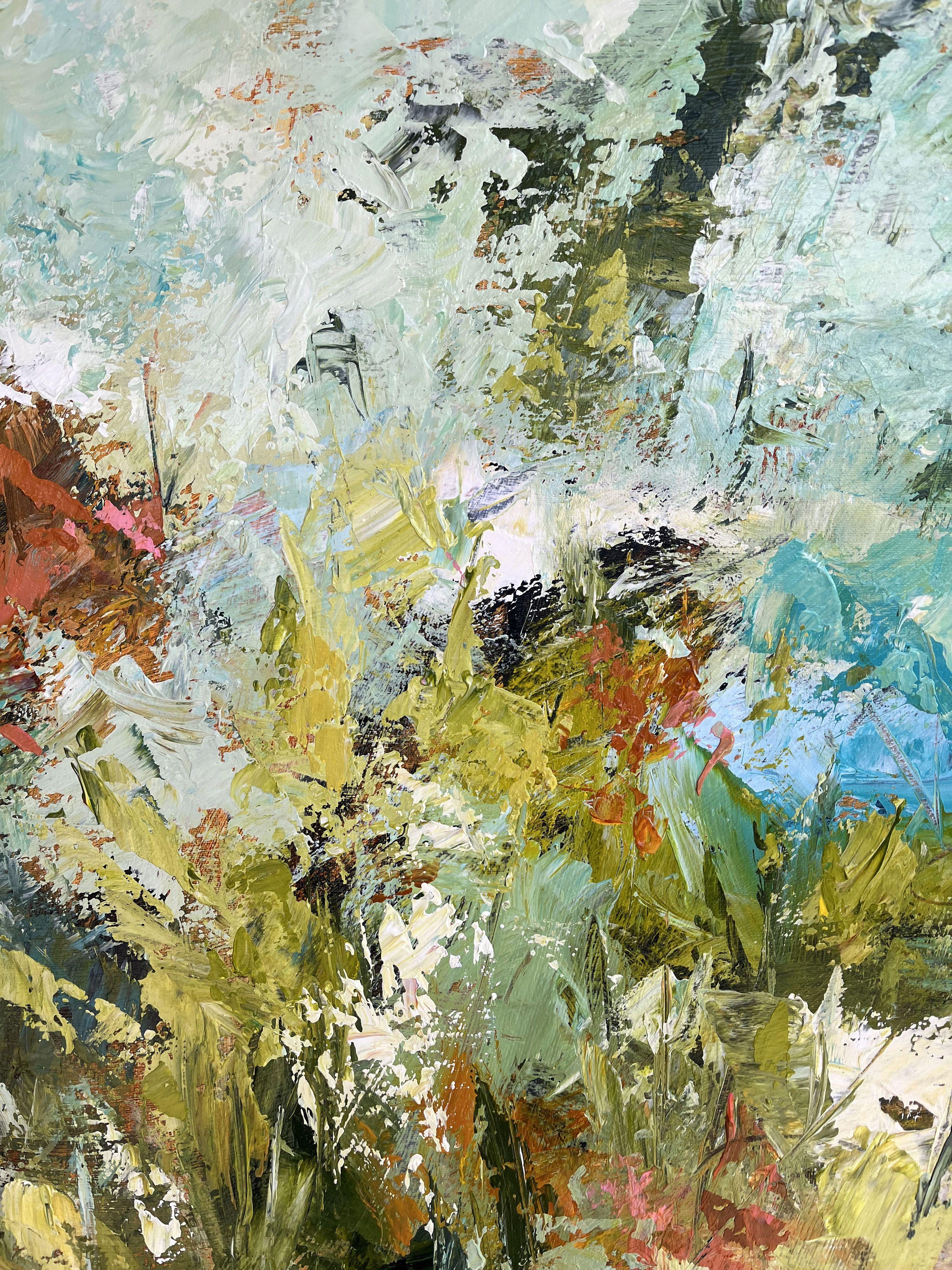 Cette peinture florale impressionniste abstraite au couteau à palette est tendue sur une toile de 1,5