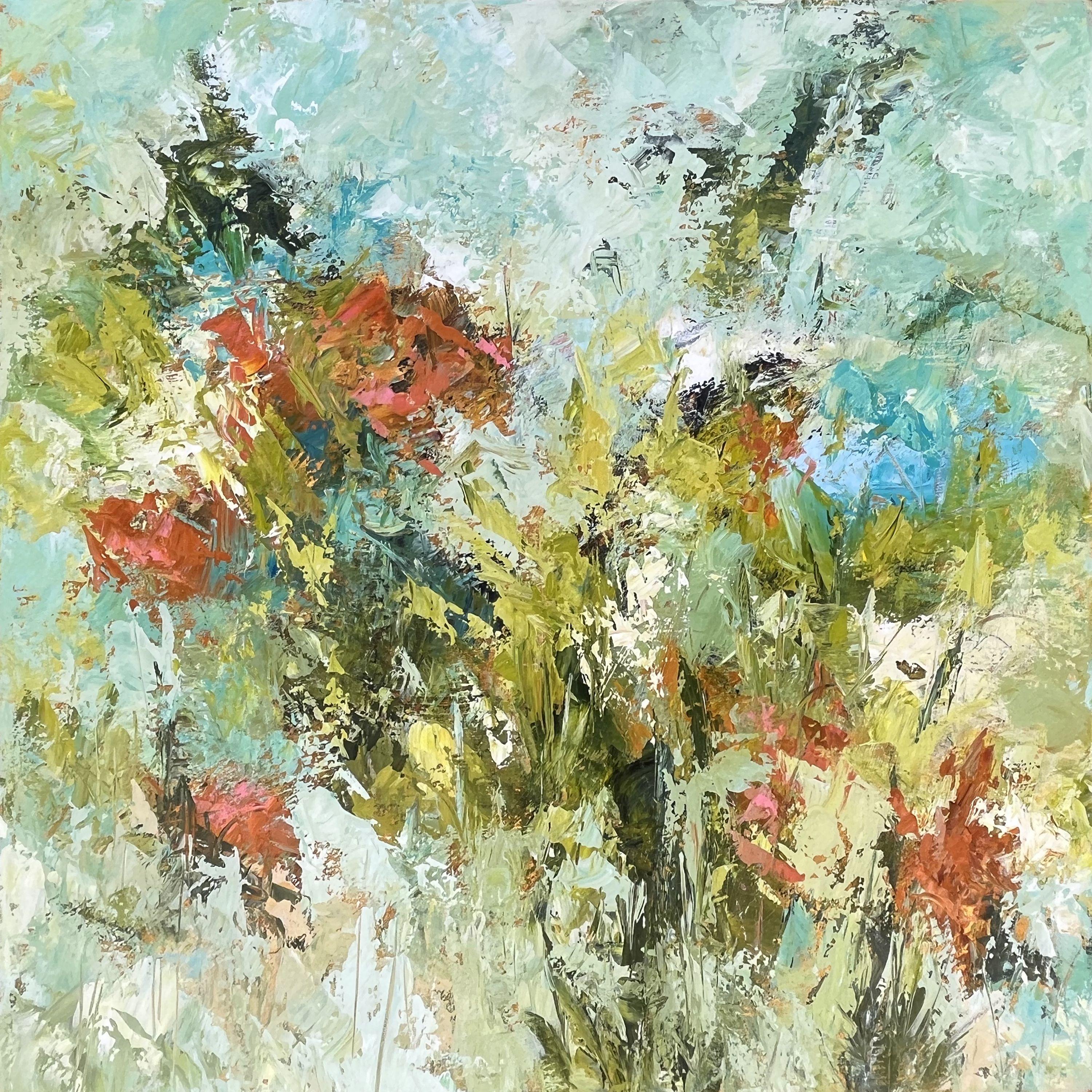 This original, abstract impressionist palette knife floral painting is stretched on a 1.5" deep gallery wrap canvas.  Only the finest professional quality acrylic paints were used in the creation of this artwork. The sides of the stretcher bars are