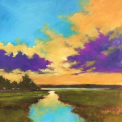 Coucher de soleil sur la rivière, peinture, acrylique sur toile
