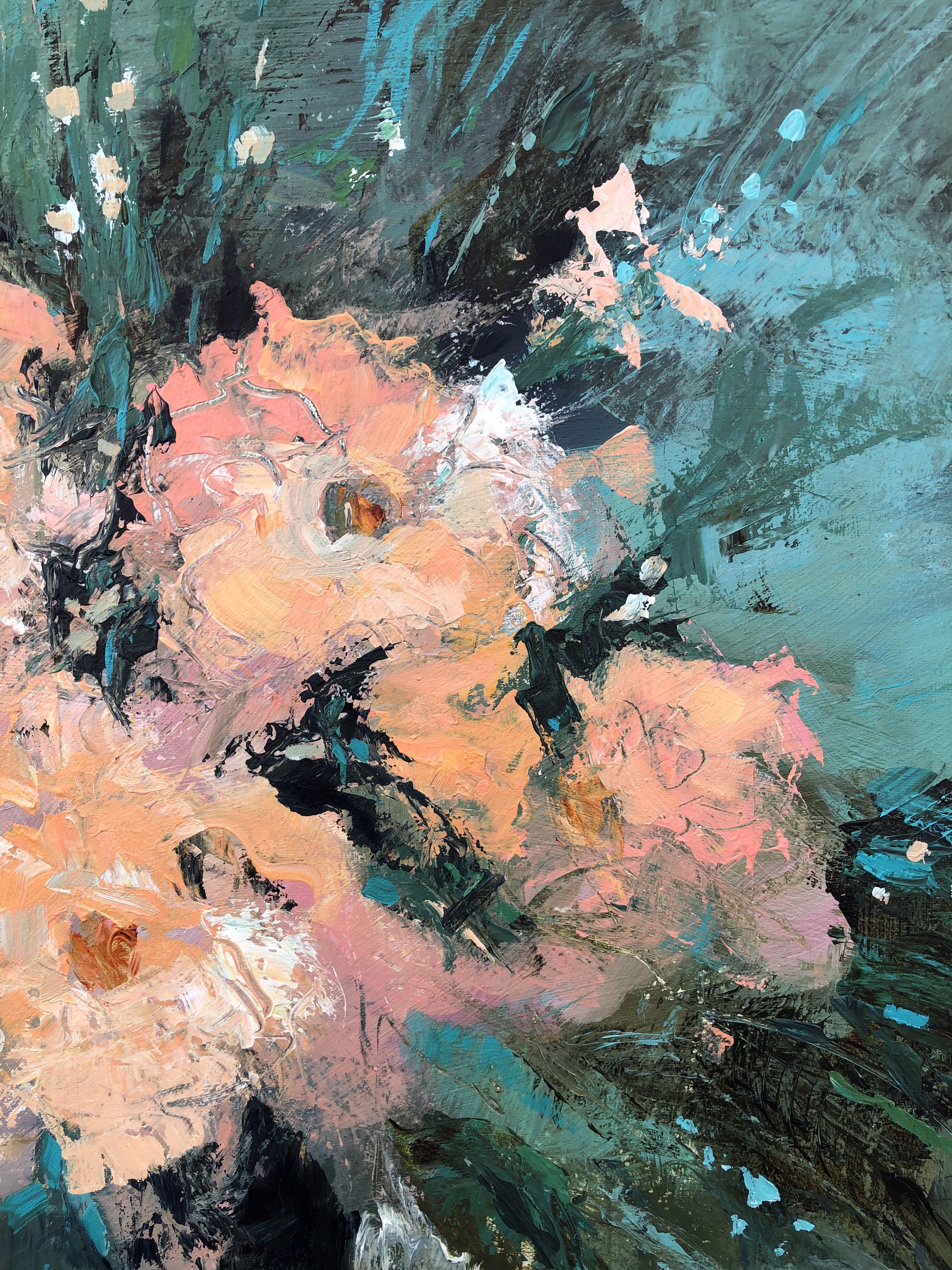 Este original cuadro floral abstracto impresionista está tensado sobre un lienzo para envolver en galería de 1,5