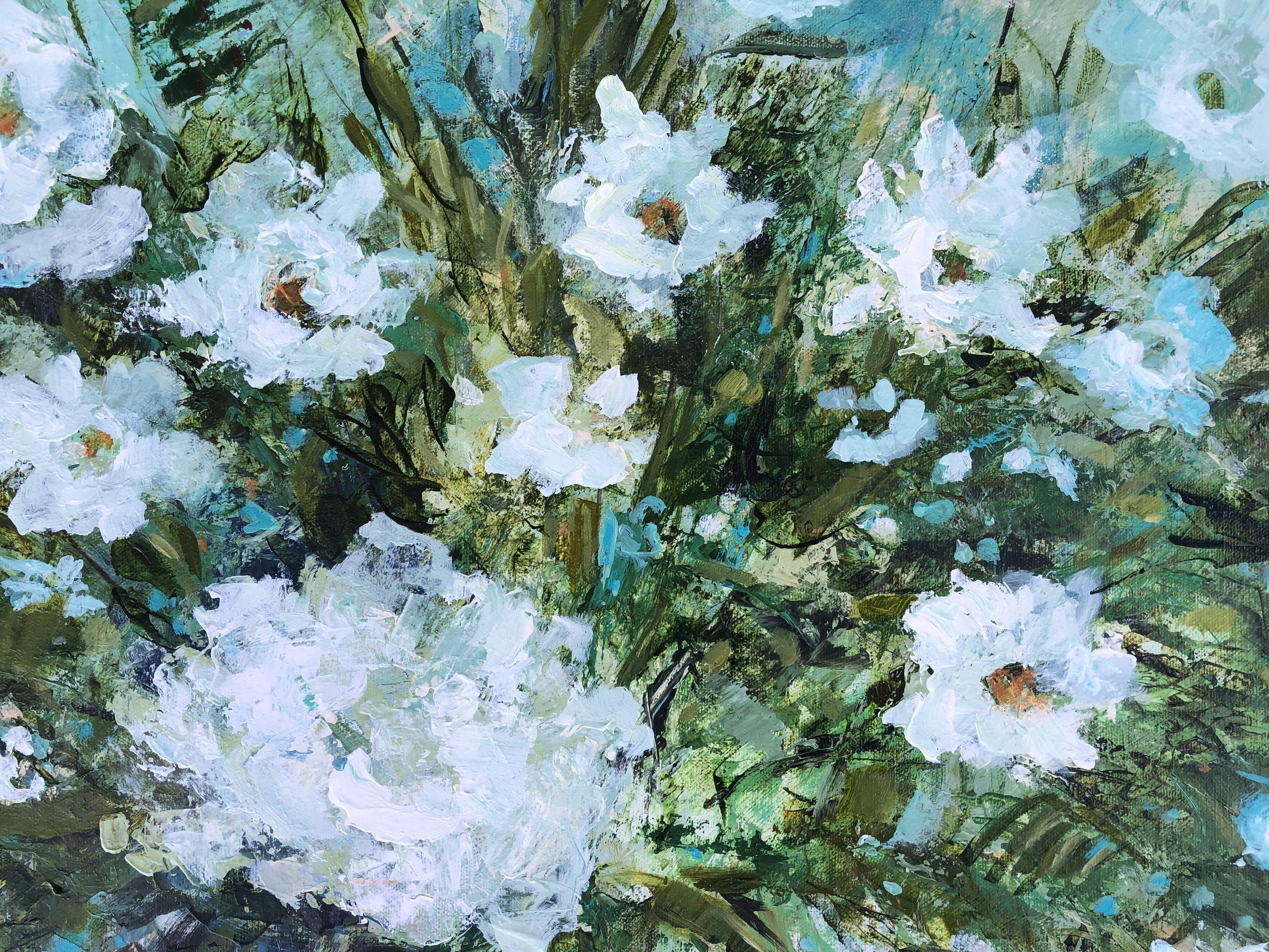 This original, abstract impressionist floral painting is stretched on a 1.5