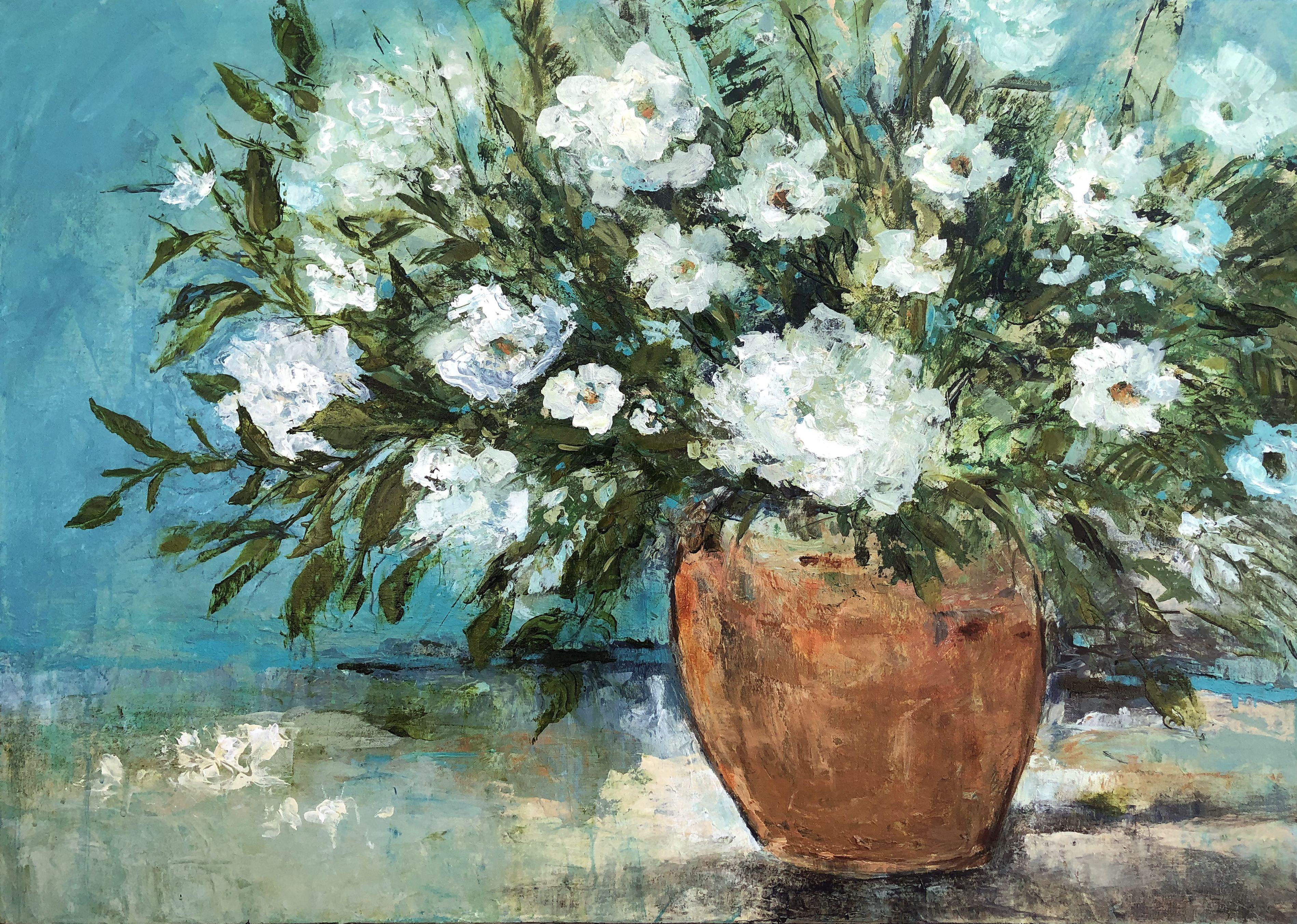Pivoines blanches, peinture, acrylique sur toile - Painting de Filomena Booth