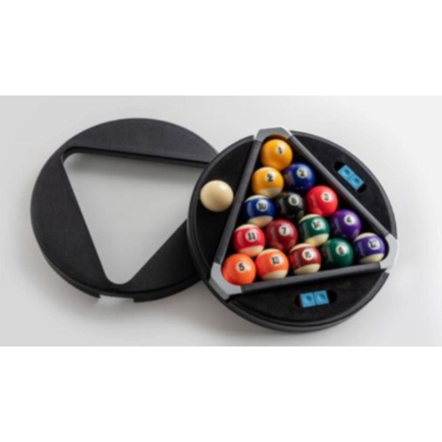 Filotto Accessories Billards Game Set by Impatia
Dimensions: D40 x Wx H6cm
Material:Handcrafted from leather with glass,detailing and chrome components

Filotto is the first product created for Impatia’s collection, that gives new life, new