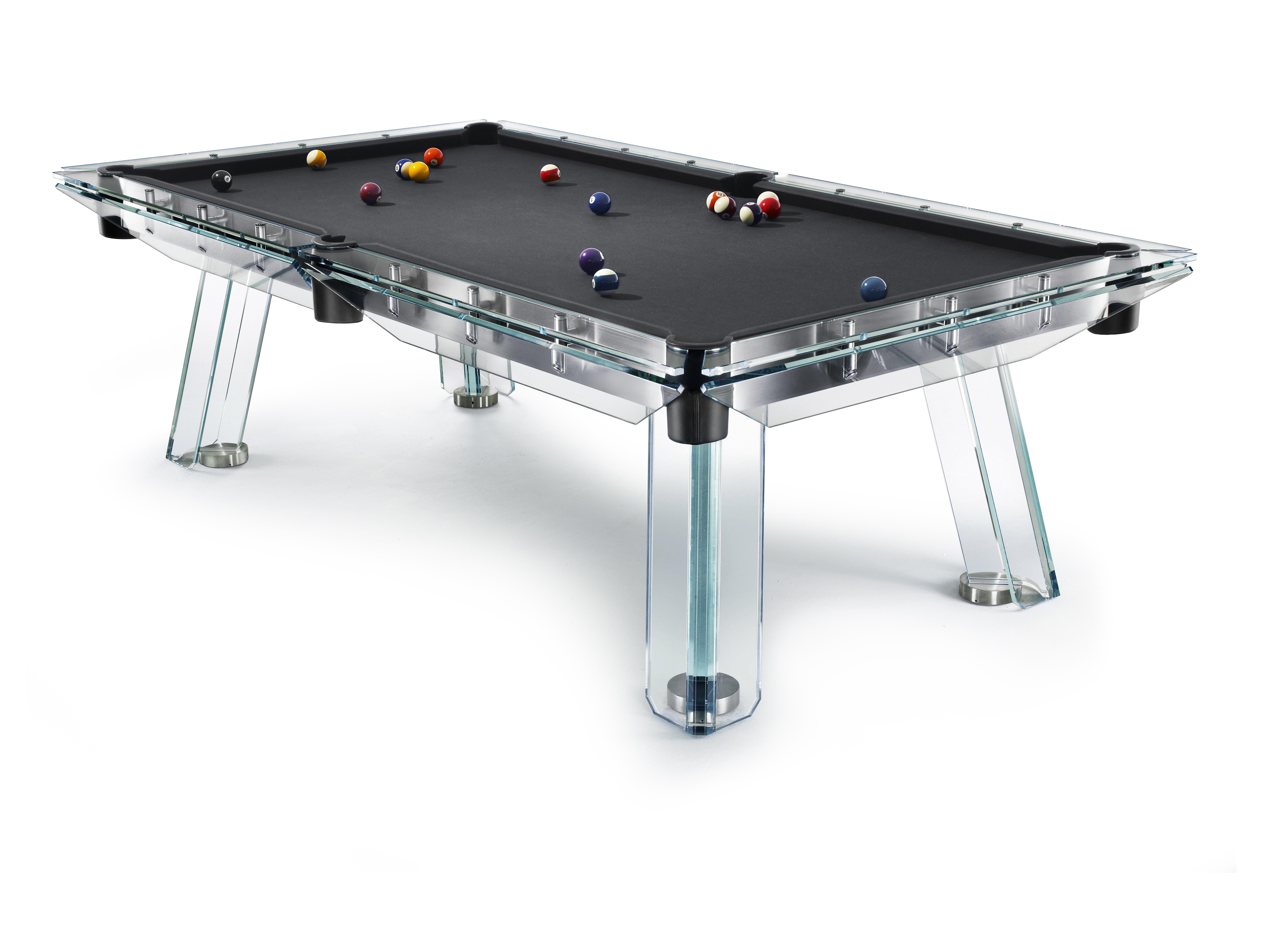Filotto classic player pool table by Impatia
Dimensions: D 268 x W 152 x H 82 cm
Weight: 640 kg
Material: Simonis cloth frame and legs in low-iron glass, black nickel components, chrome leather pockets.
Also available: Different colours and