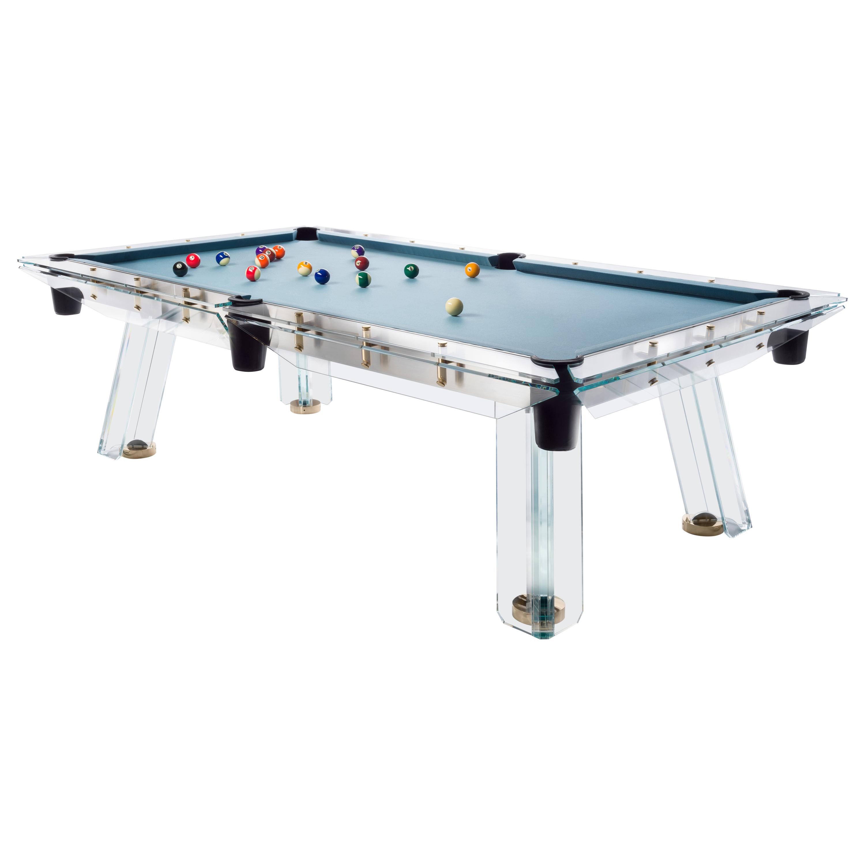 Modern Glass Pool Table With Gold Components and Light Blue Cloth by Impatia