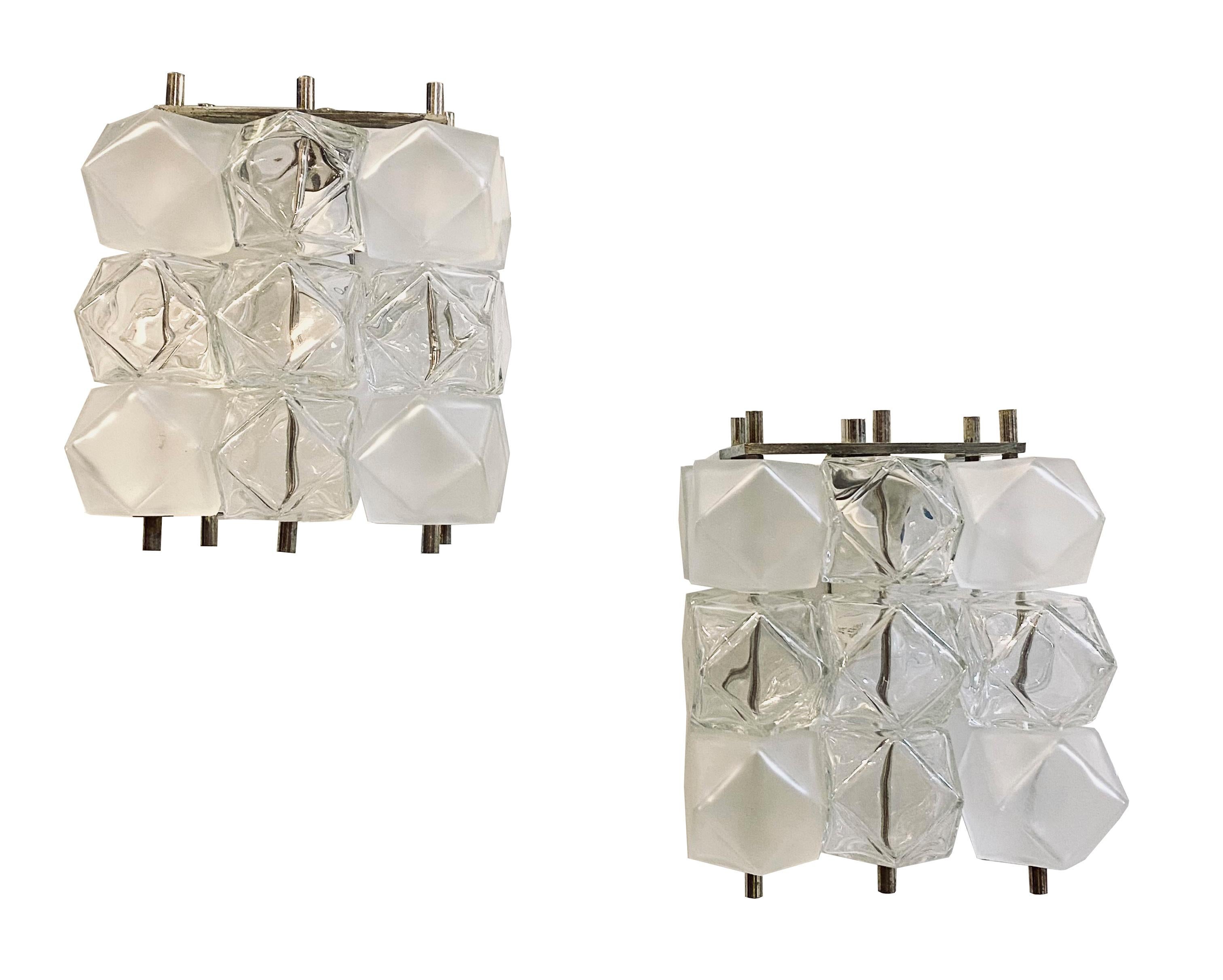 Wall lamps with 15 crystals, chrome metal frame and 1 glass light by Filvem Voghera, Milan, 1968, set of 2.Light wear consistent with age and use, Patina consistent with age and use
