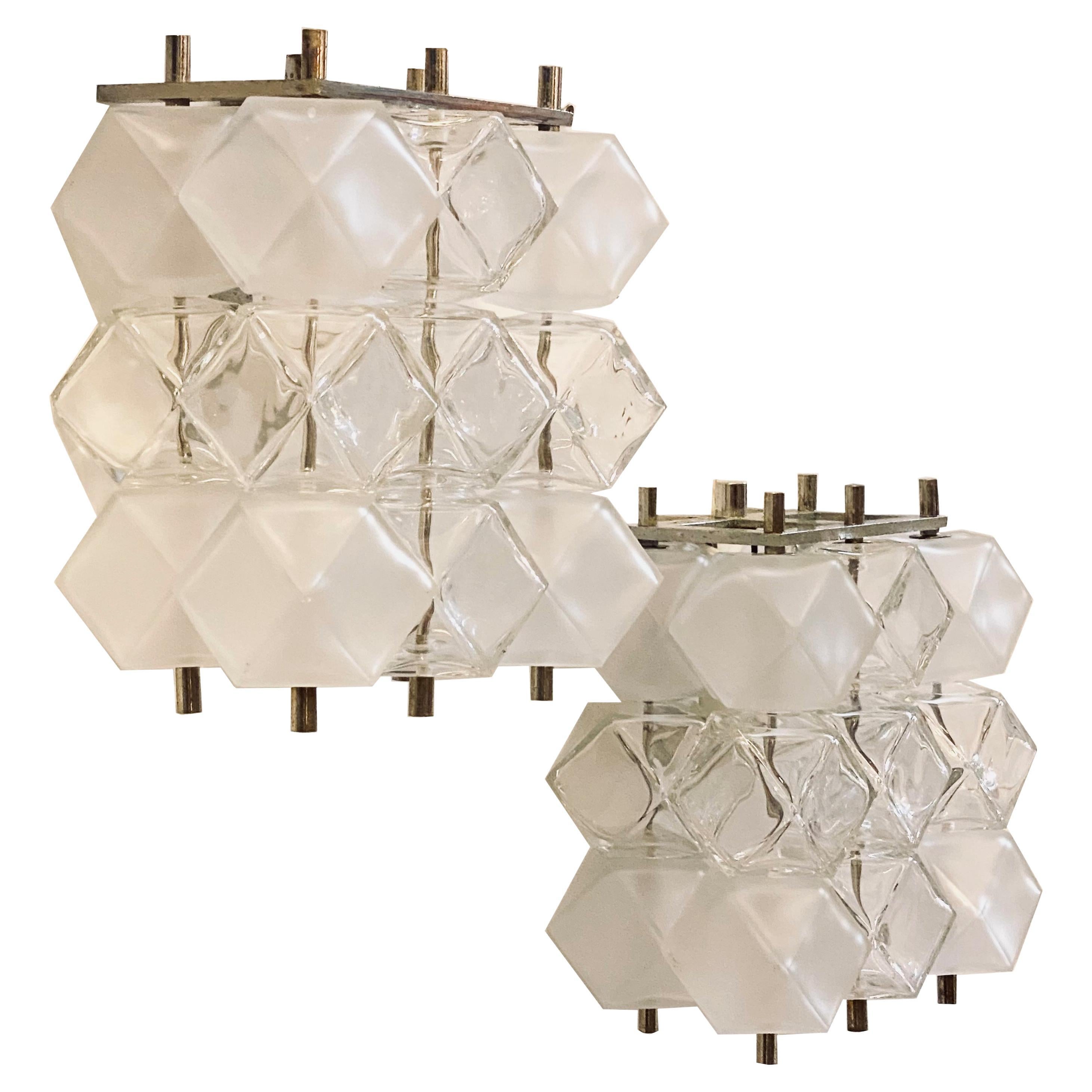 Filvem Voghera Pair of Crystal and Chromed Metal Wall Lamps, Italy 1968s For Sale