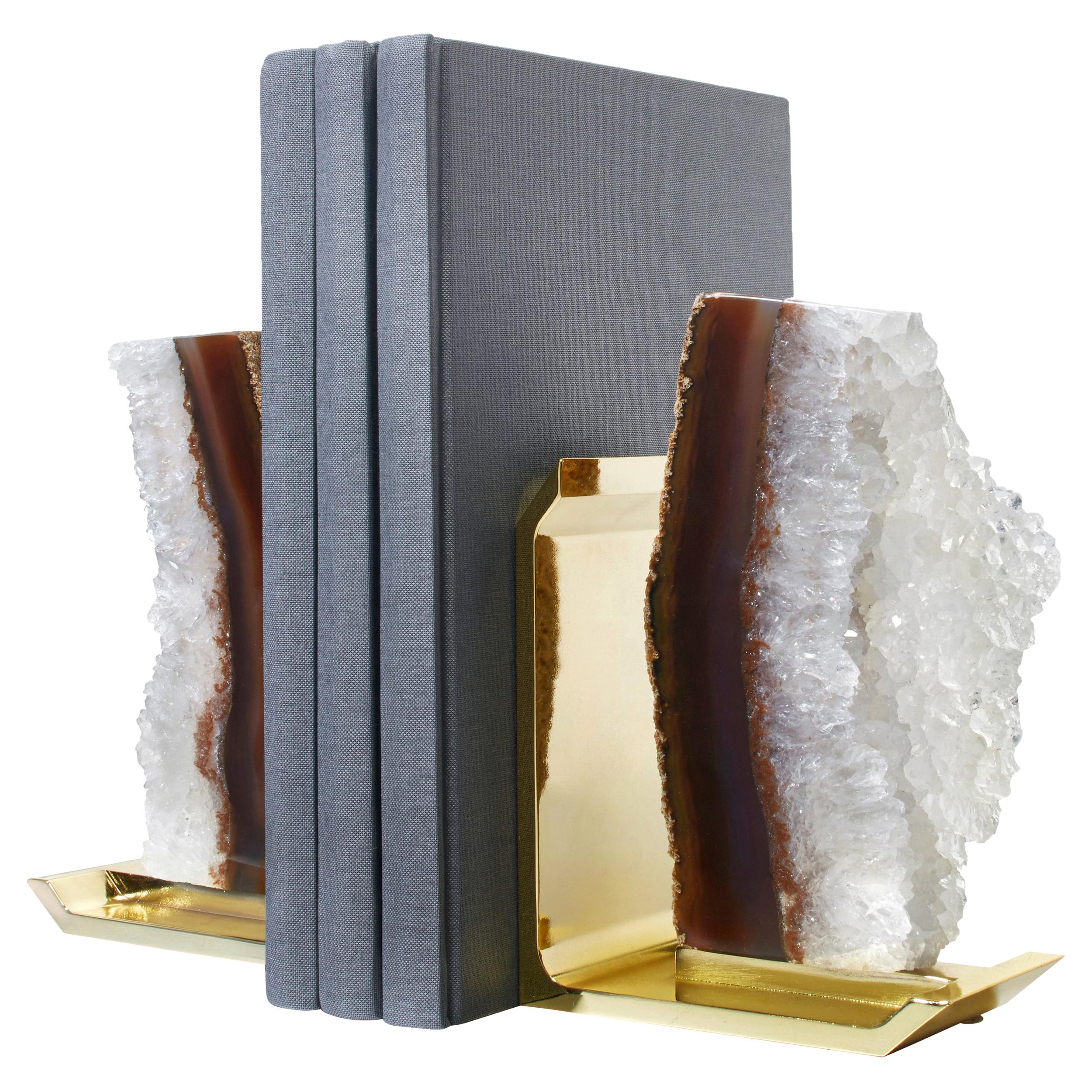 Fim Bookends in Agate Druze and Brass by Anna New York For Sale
