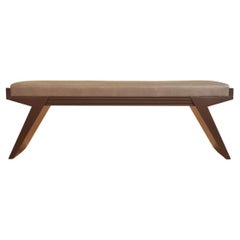 Fin Bench with Expresso Maple and Grey Upholstery by Lee Weitzman, in Stock