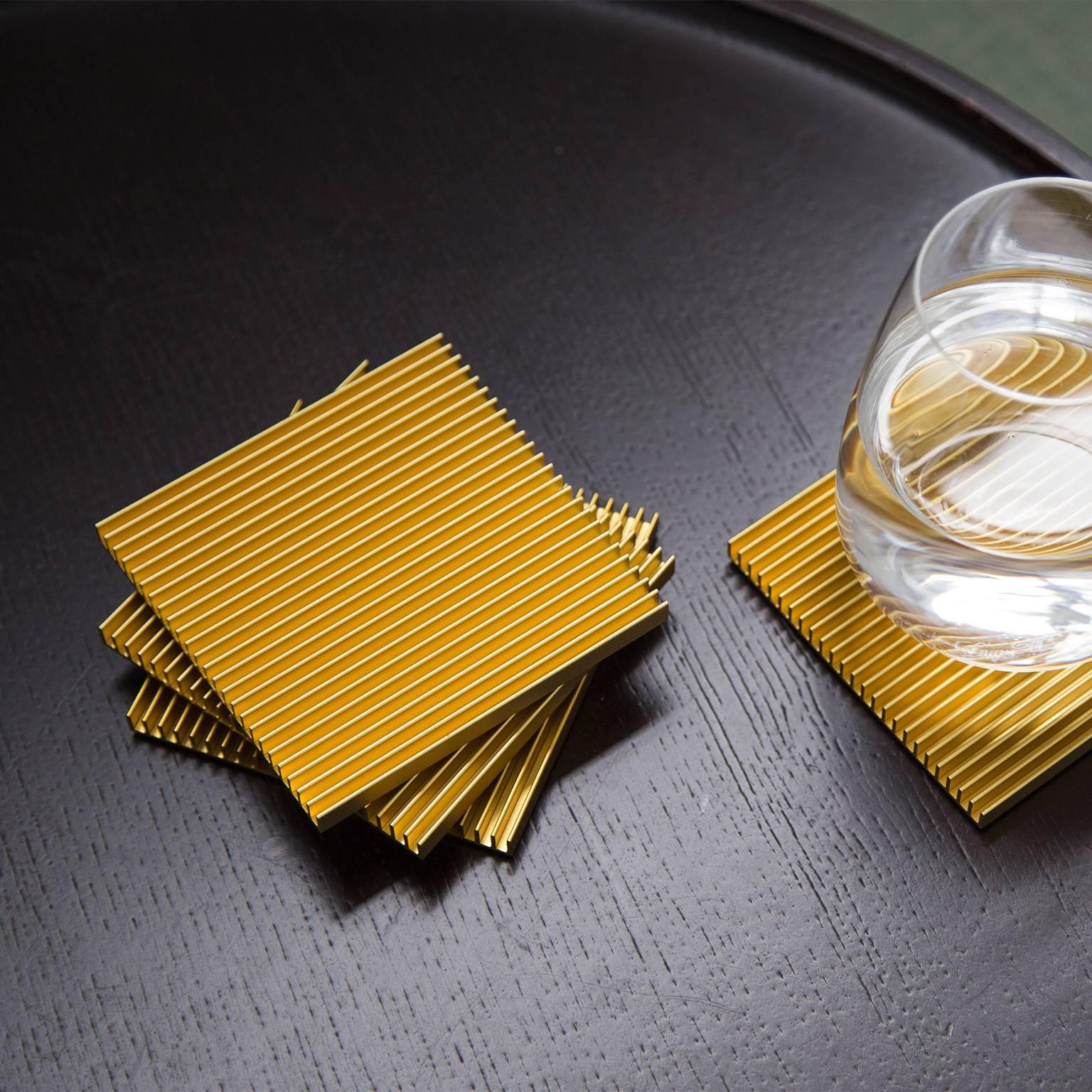 Anodized Fin Coasters from Souda, In Stock, Set of Four, Gold, Modern, Minimal