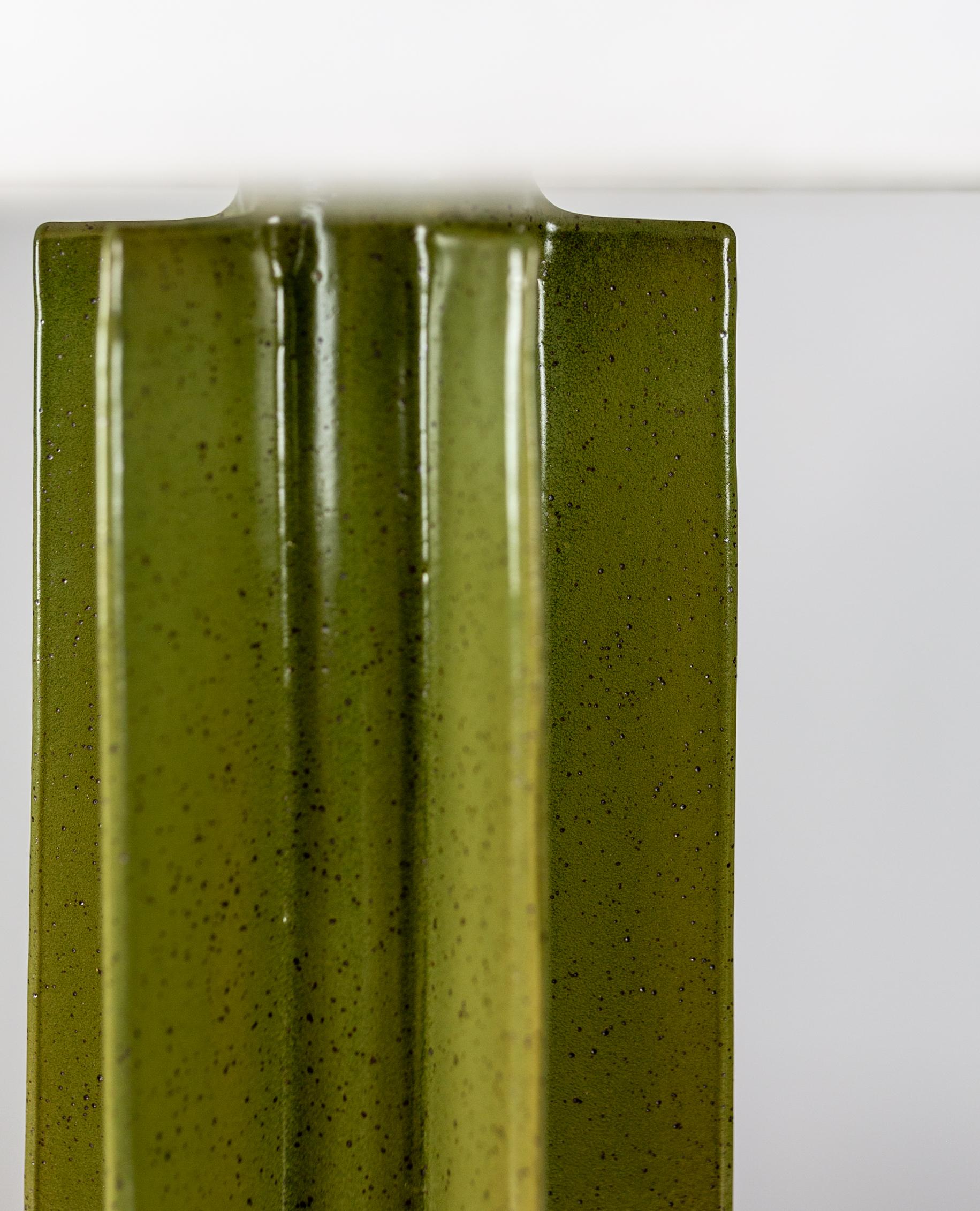 American FIN Shade Ceramic Table Lamp, Hand Built, Green Satin Glaze, by Kalin Asenov For Sale