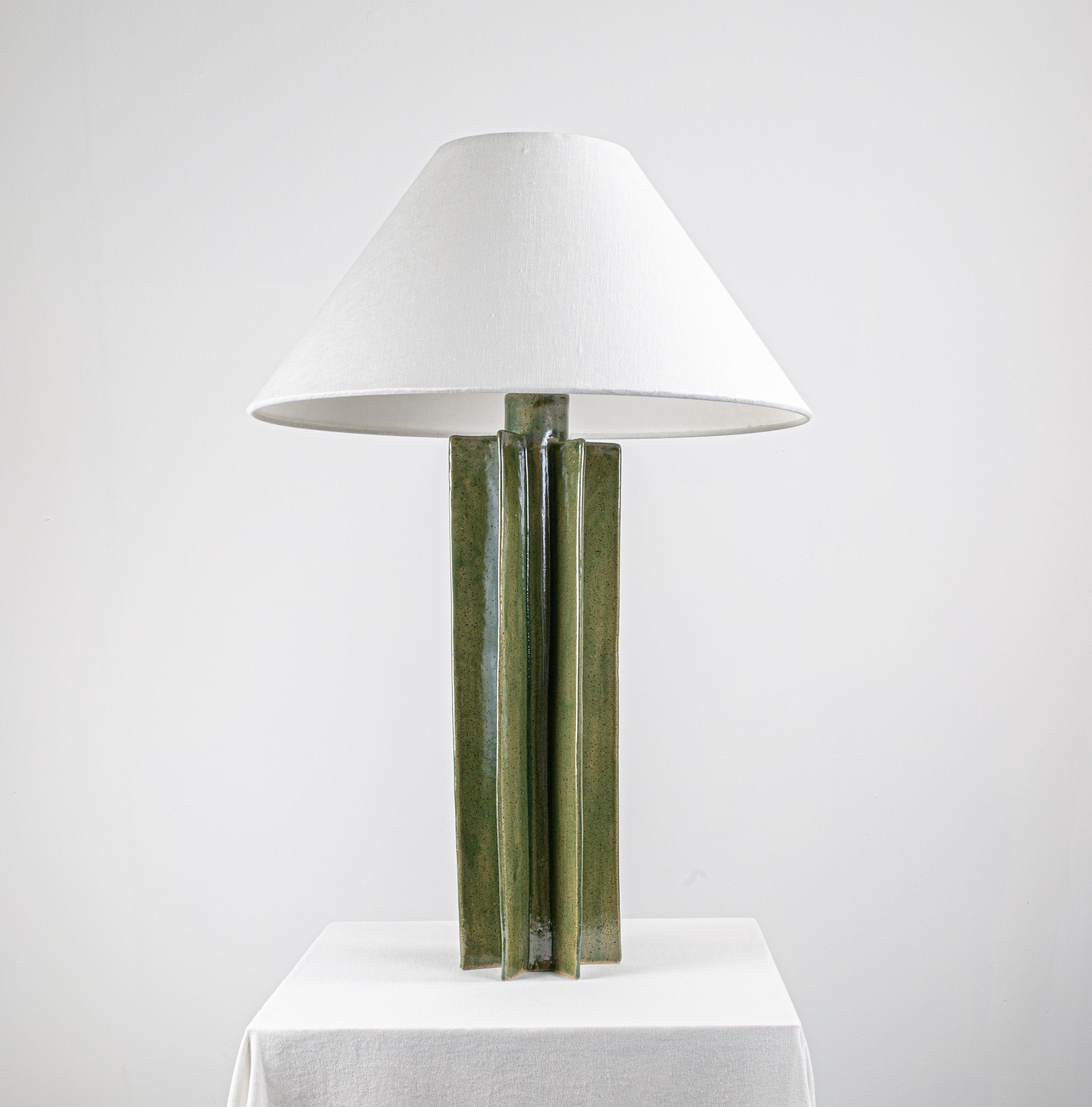 Modern FIN Shade Table Lamp, Green Glaze Finish, hanbuilt ceramic lamp by Kalin Asenov For Sale