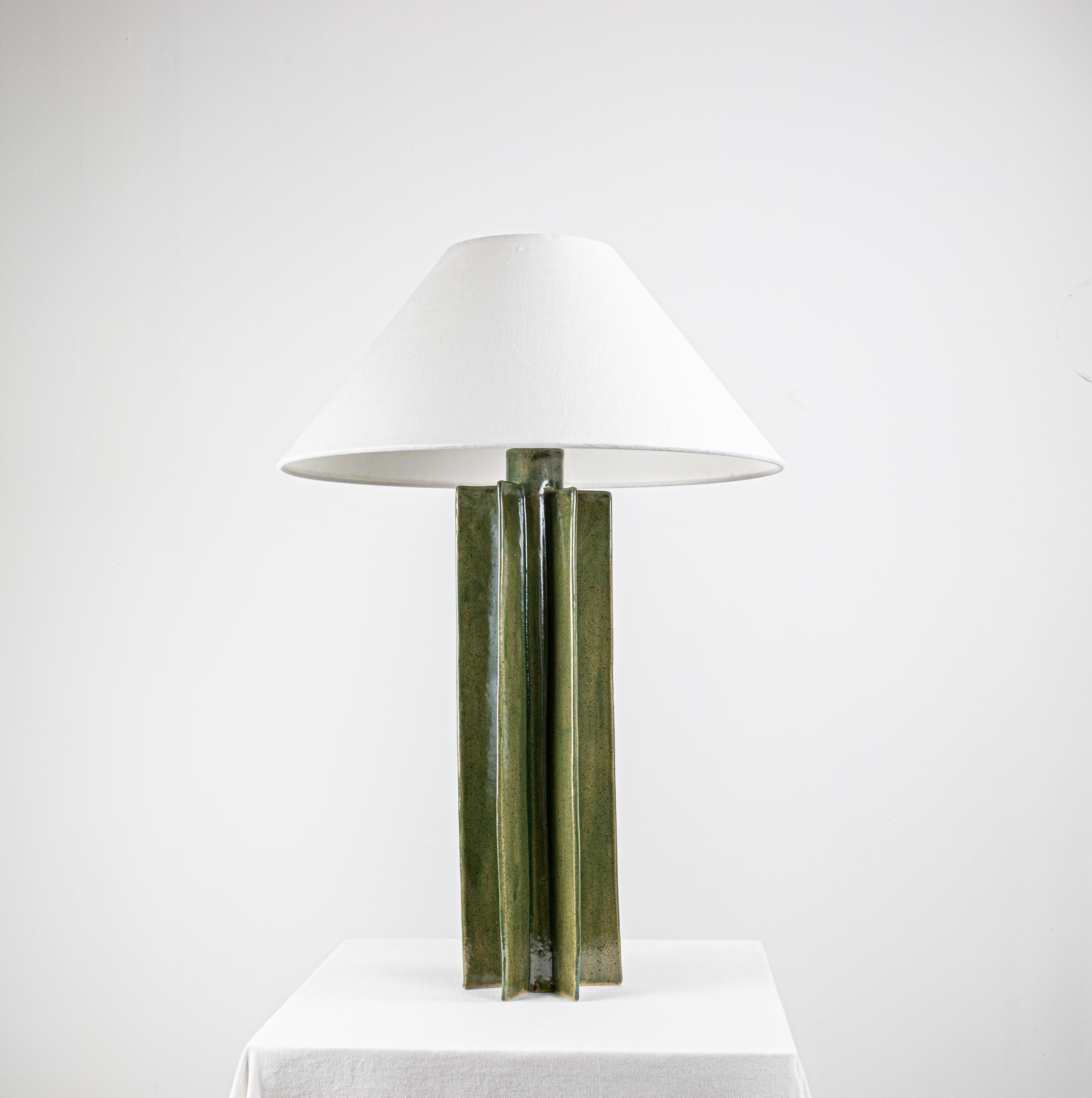 Contemporary FIN Shade Table Lamp, Green Glaze Finish, hanbuilt ceramic lamp by Kalin Asenov For Sale