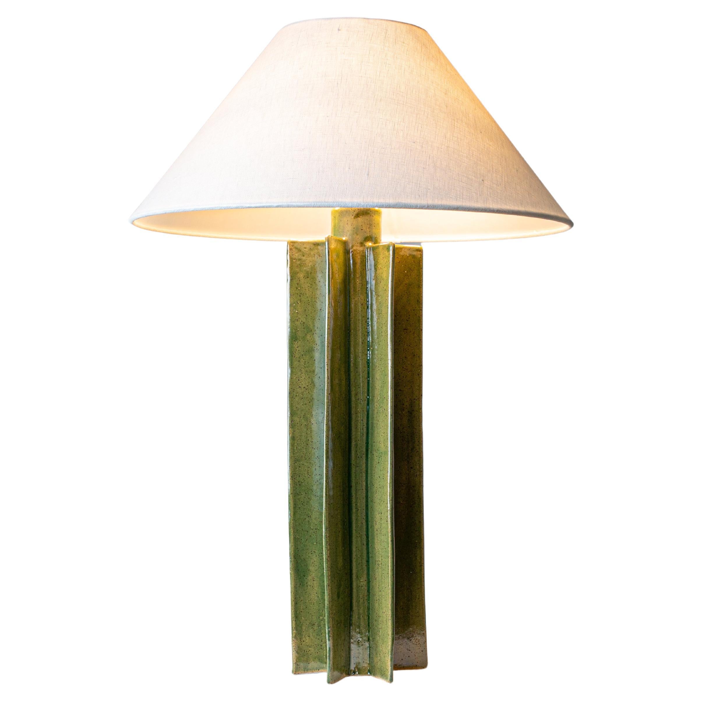 FIN Shade Table Lamp, Green Glaze Finish, hanbuilt ceramic lamp by Kalin Asenov For Sale