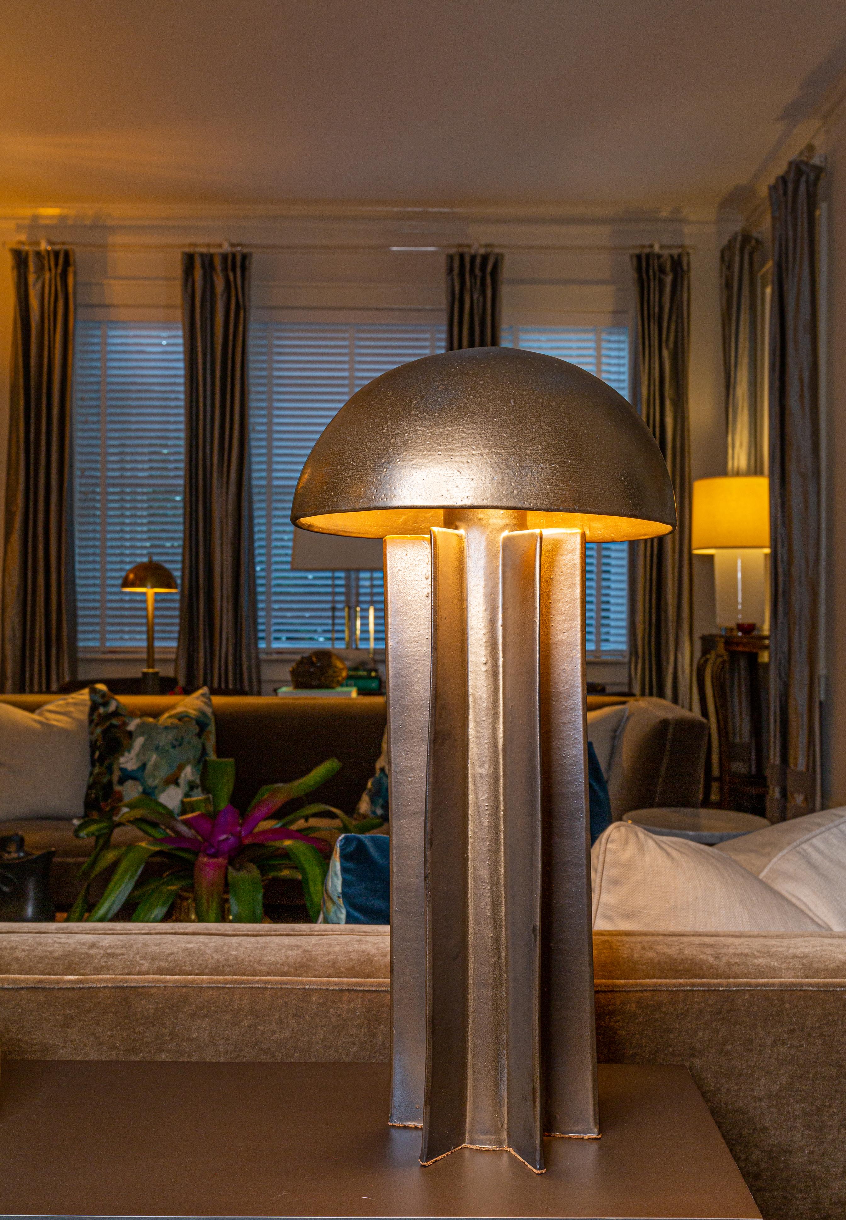 Patinated FIN Dome Ceramic Table Lamp, Gold with Black Highlights Glaze, by Kalin Asenov For Sale