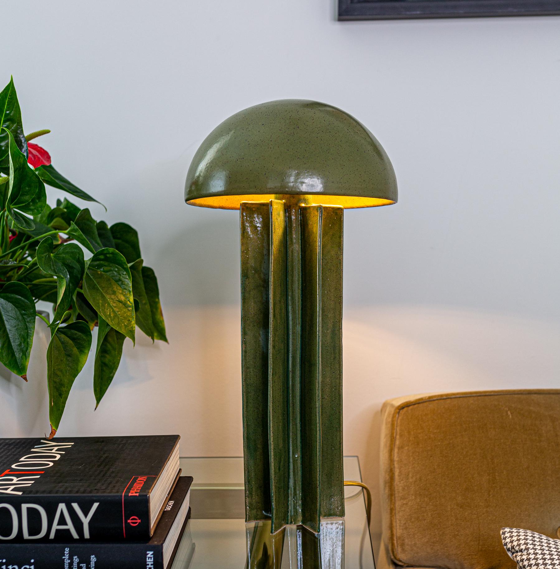 Modern FIN table lamp, Green Glaze Finish, hanbuilt ceramic dome lamp by Kalin Asenov For Sale