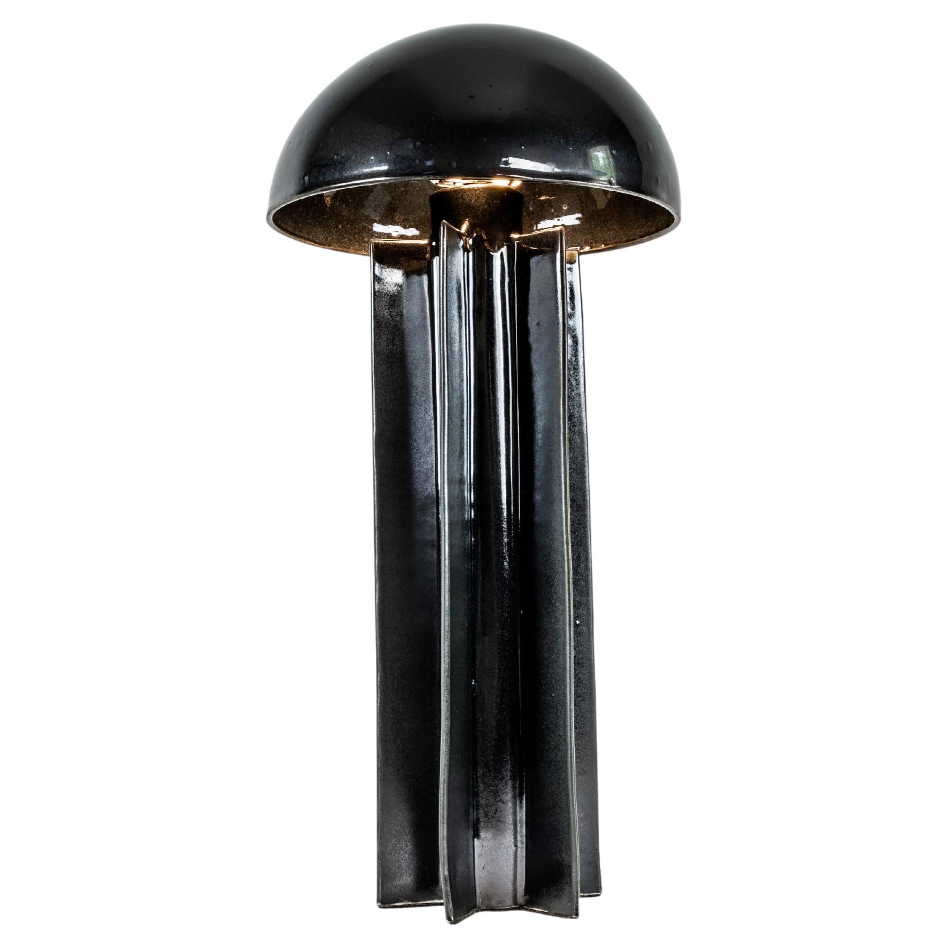 FIN table lamp, reflective black, hand built ceramic dome lamp by Kalin Asenov