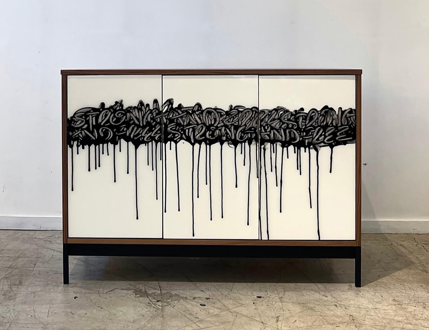 Modern FInage Credenza by Morgan Clayhall, mix media artwork on doors, custom For Sale