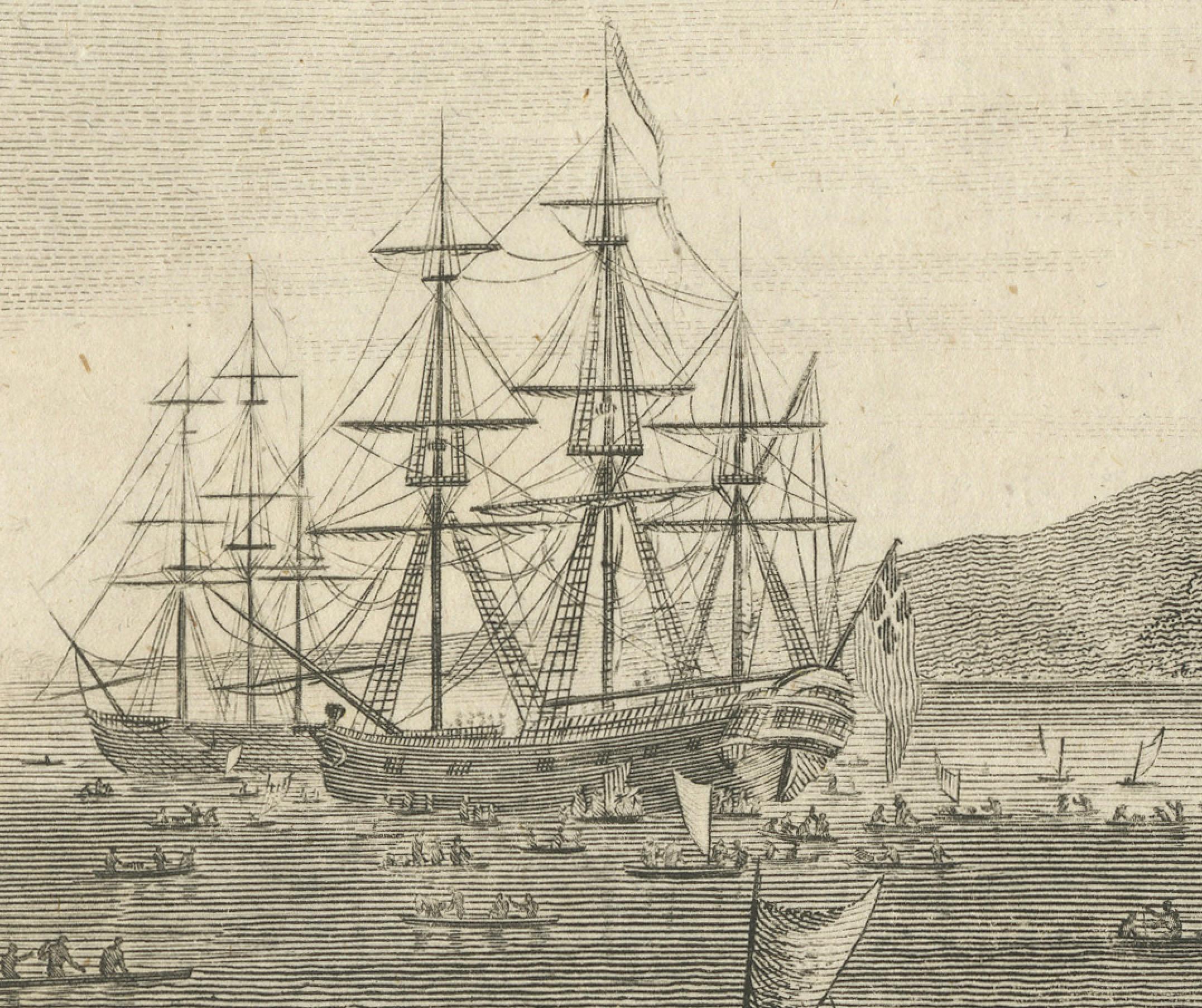 Copper engraving from Thomas Bankes’s “New System of Geography” published by Royal Authority c.1775

This engraving for sale depicts a scene of Karakakooa Bay in Owyhee (Hawaii), where Captain James Cook was killed. The image includes a number of