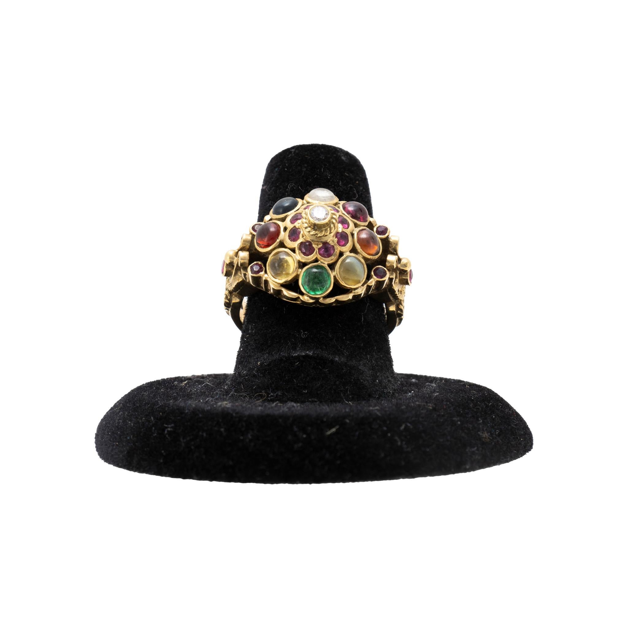 Finberg Mfg. Co. Victorian filigree in 14kt yellow gold with natural garnet, ruby, sapphire, emerald, moonstone, diamond, citrine and cat eye. Marked FM Co. 8-2 and stamped 14K. The Finberg Manufacturing Company (1925-45) was headquartered in
