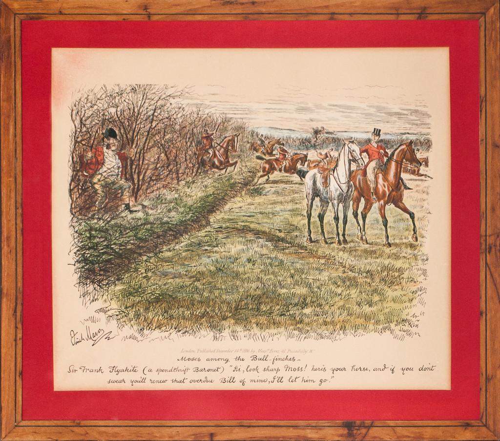 Classic fox-hunt colour print by Finch Mason (1850-1915) signed (LL) published 1886 by Fores of Piccadilly London

Print Sz: 12 3/4"H x 14 3/4"W

Frame Sz: 17"H x 19"W