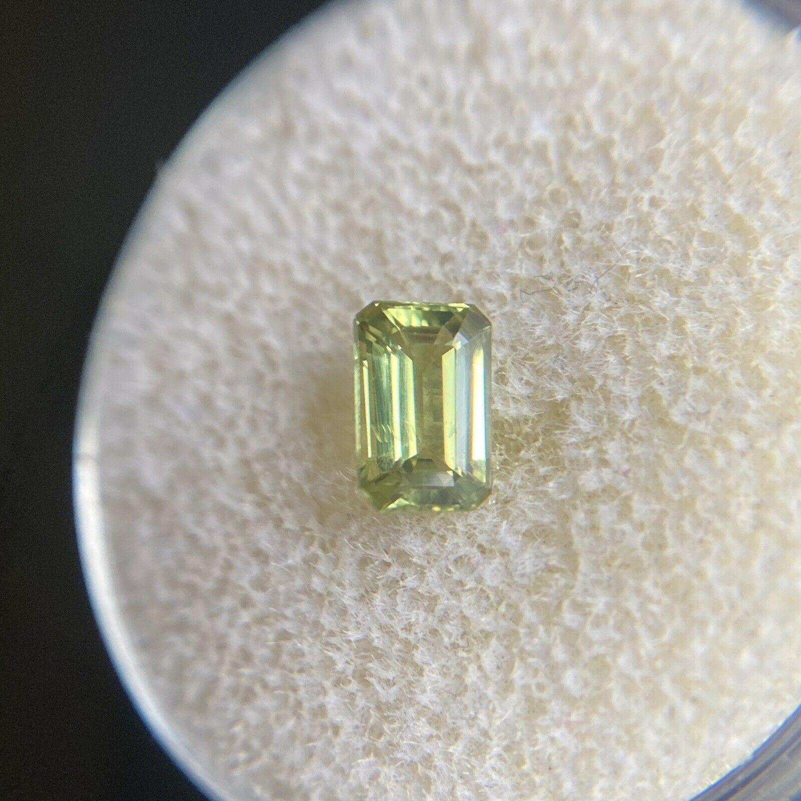 Fine 0.80ct Green Yellow Untreated Australian Sapphire Emerald Cut 6.2 x 4mm Gem

Natural Untreated Australian Green Sapphire Gemstone. 
0.80 Carat with a beautiful yellow green colour and an excellent emerald octagon cut. Also has very good