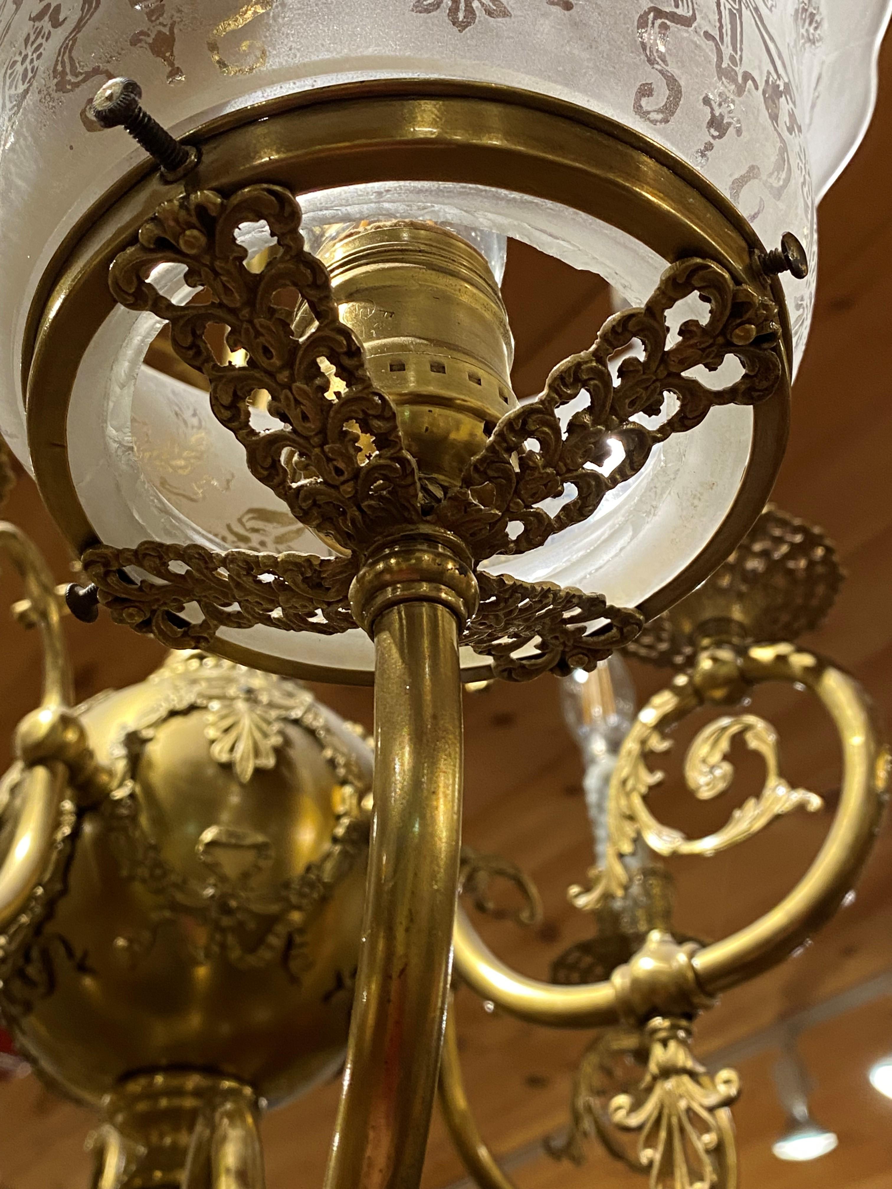 Fine 10-Light Brass Gasolier / Chandelier Electrified with 5 Etched Shades 2