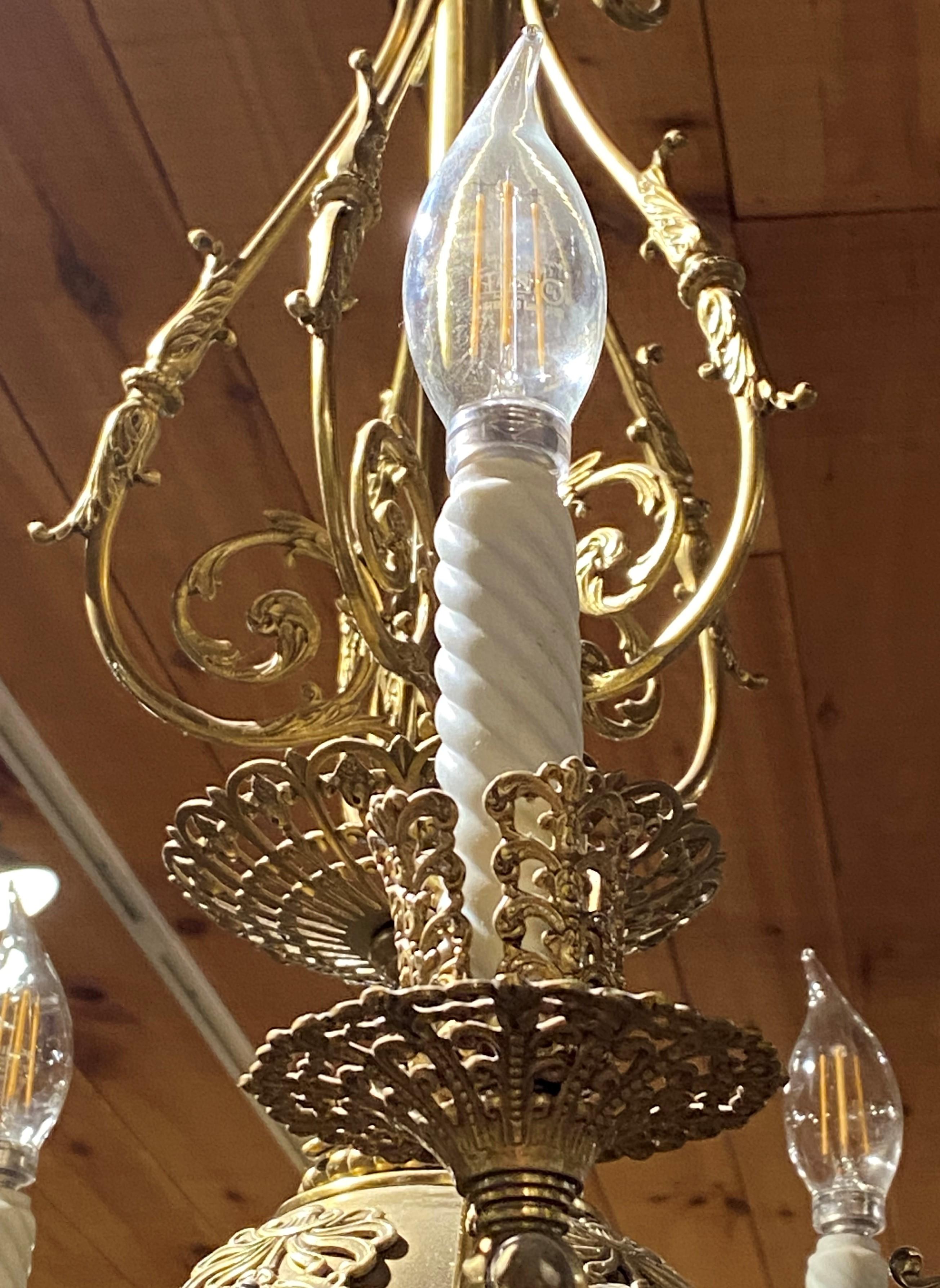 Fine 10-Light Brass Gasolier / Chandelier Electrified with 5 Etched Shades In Good Condition In Milford, NH