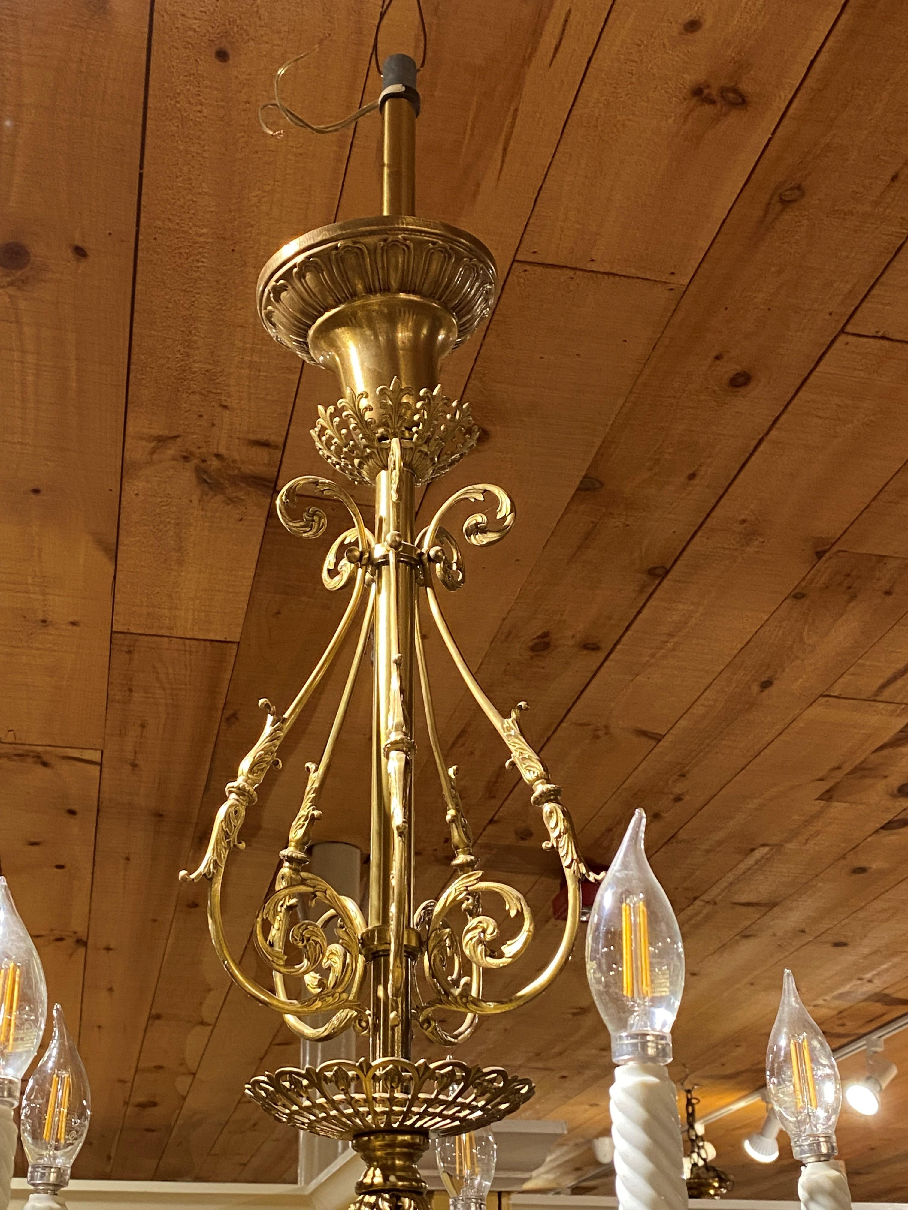 19th Century Fine 10-Light Brass Gasolier / Chandelier Electrified with 5 Etched Shades
