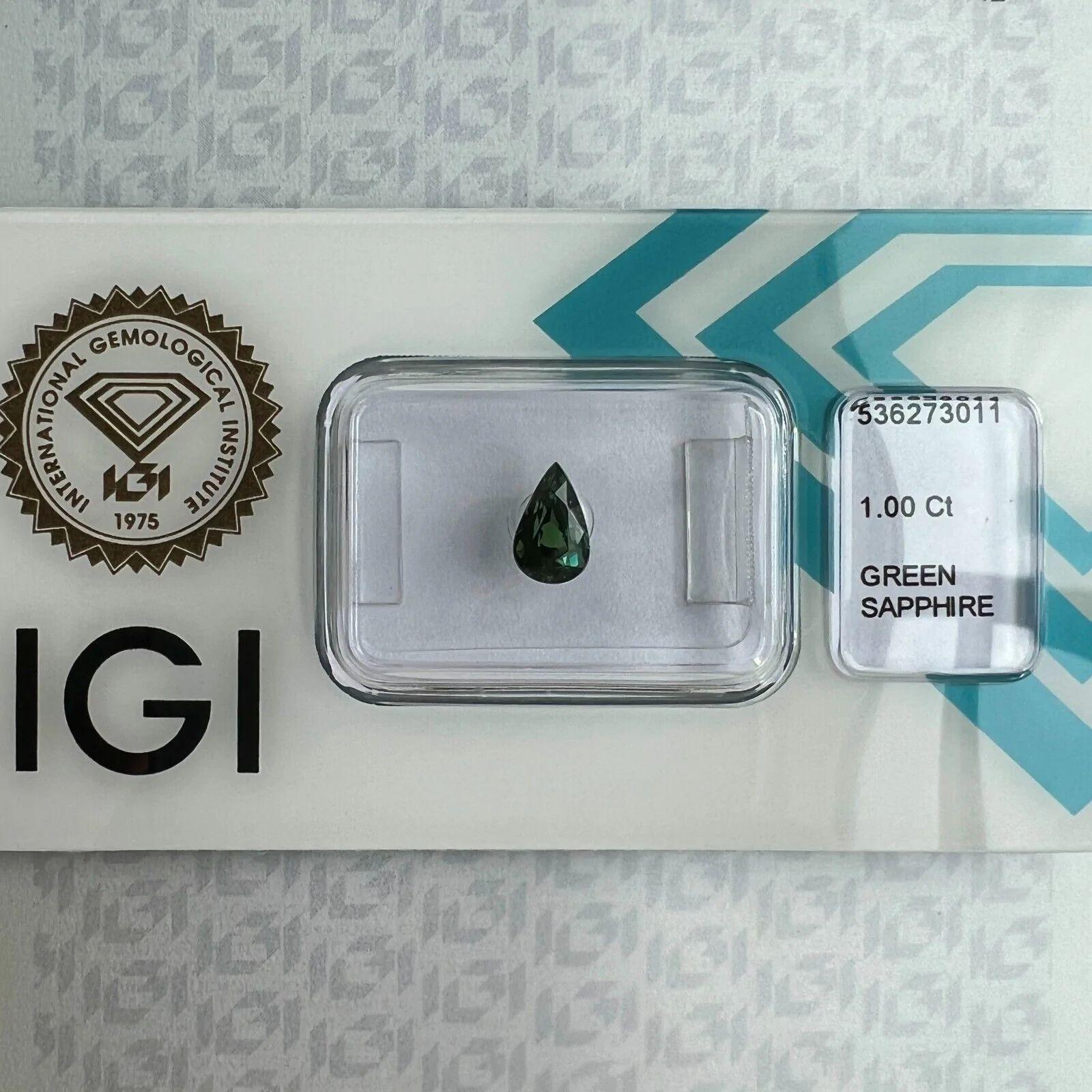 Women's or Men's Fine 1.00ct Deep Blue Green Untreated Sapphire Pear Teardrop Cut IGI Certified For Sale