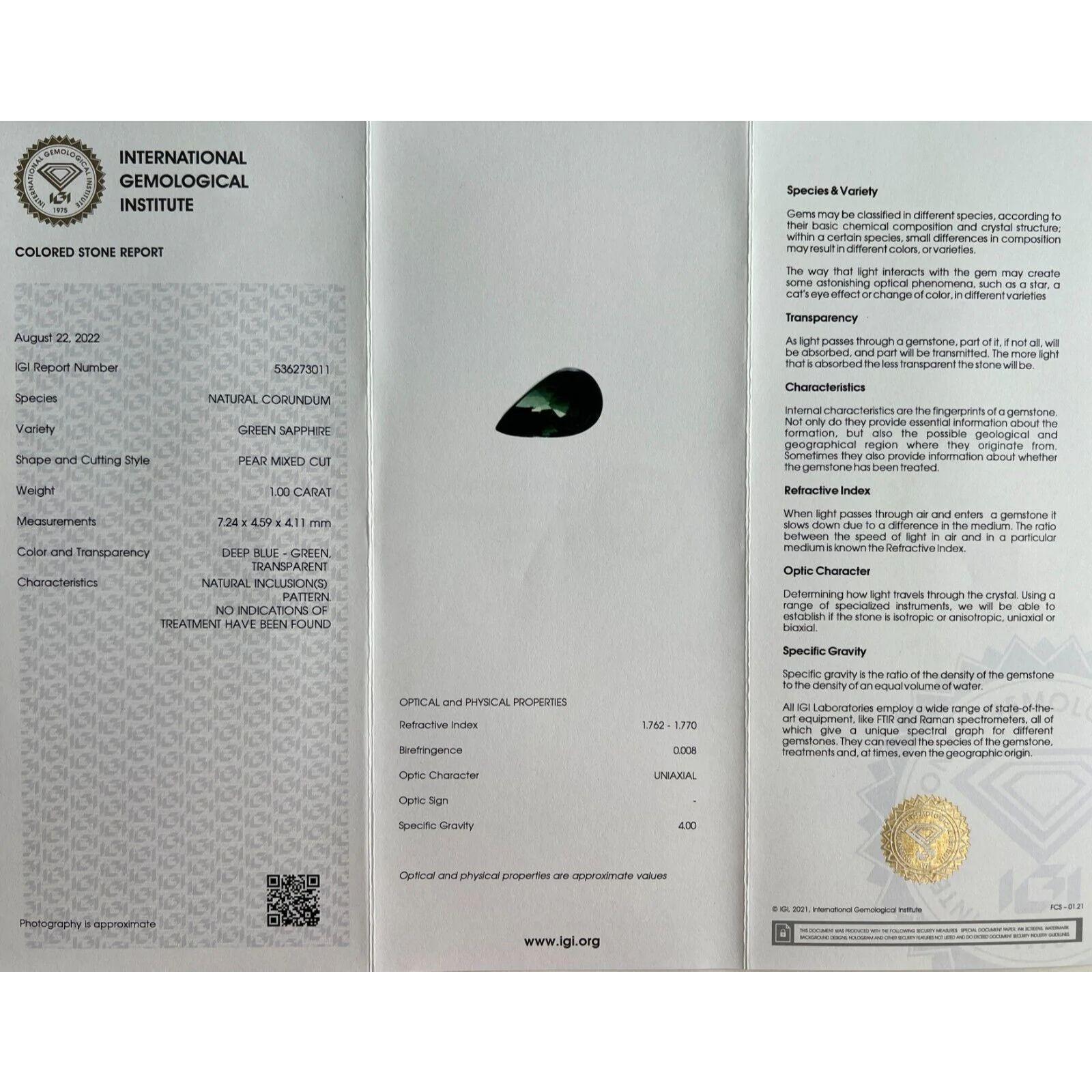 Fine 1.00ct Deep Blue Green Untreated Sapphire Pear Teardrop Cut IGI Certified For Sale 1