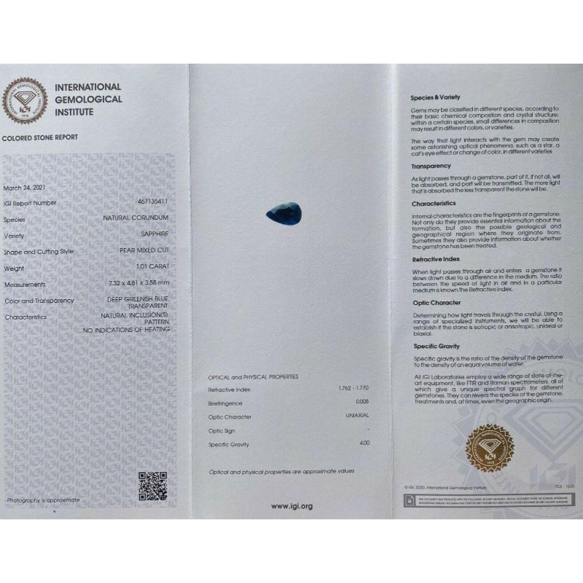 Fine 1.01ct Deep Green Blue Untreated Sapphire Pear Teardrop Cut IGI Certified For Sale 5
