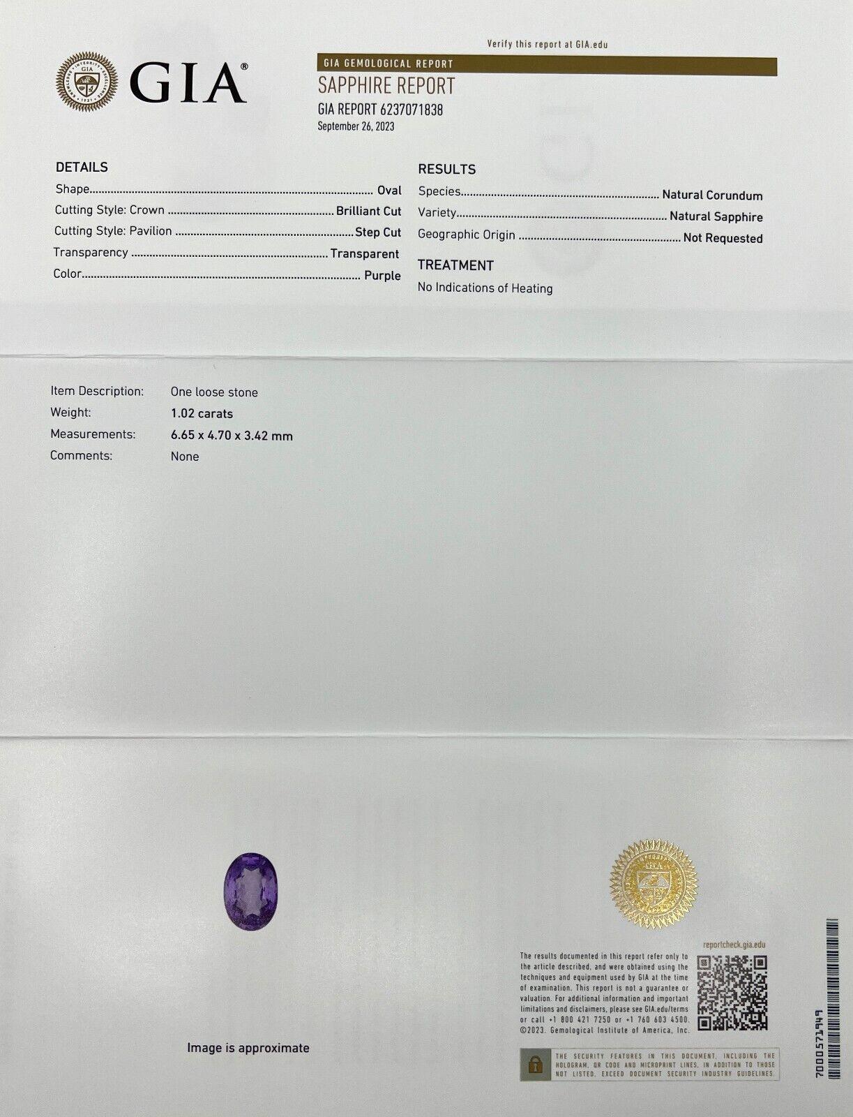 Fine 1.02ct Sapphire GIA Certified Purple Lilac Untreated Oval Cut Gem 6.6X4.7mm For Sale 3