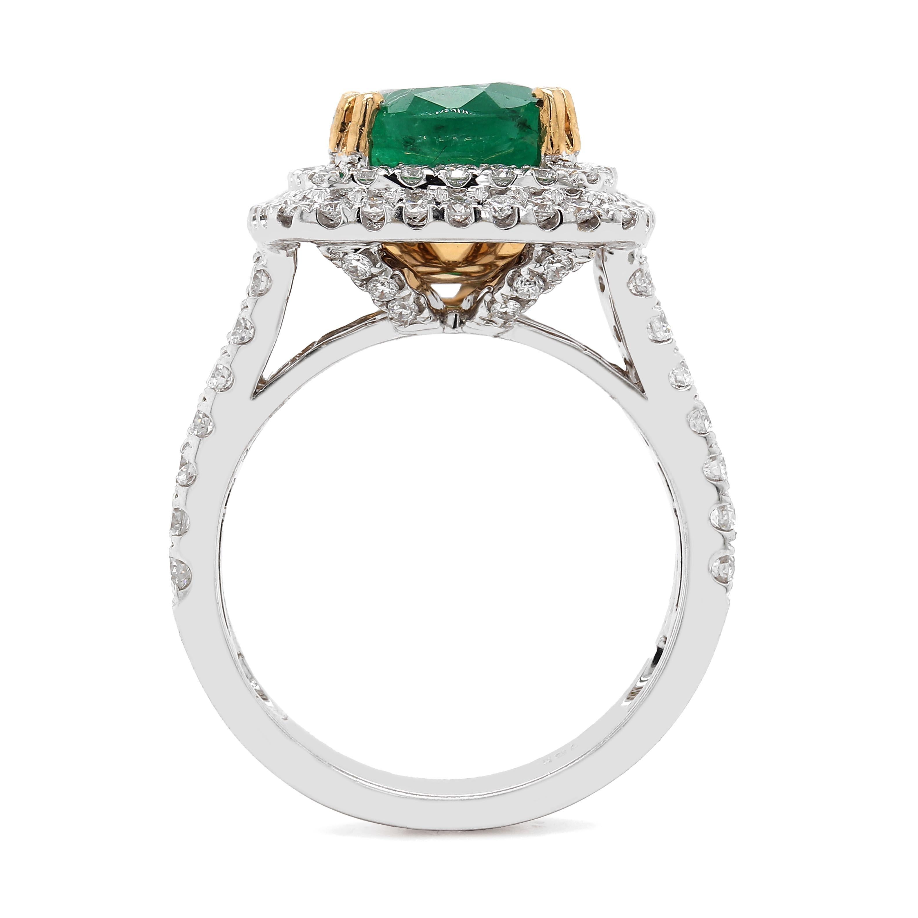 Brilliant Cut Fine 1.06 Carat Emerald Ring in 18k 2 Tone Gold For Sale