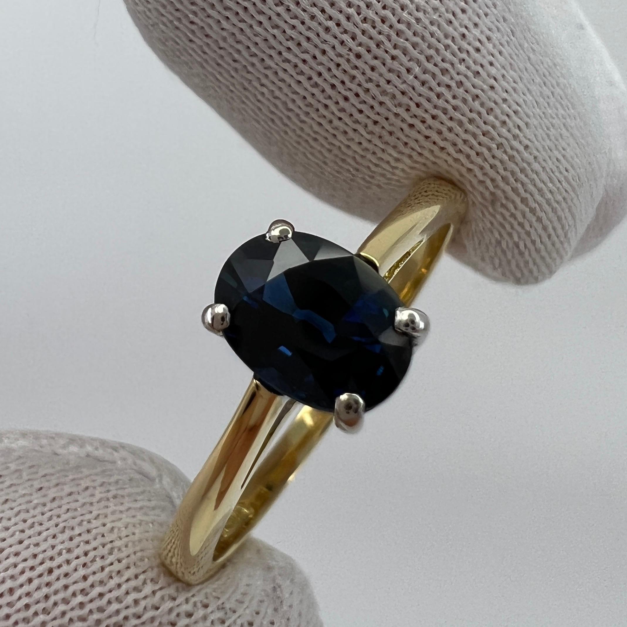 Fine 1.13ct Natural Deep Blue Sapphire Oval 18k White Yellow Gold Solitaire Ring For Sale 4