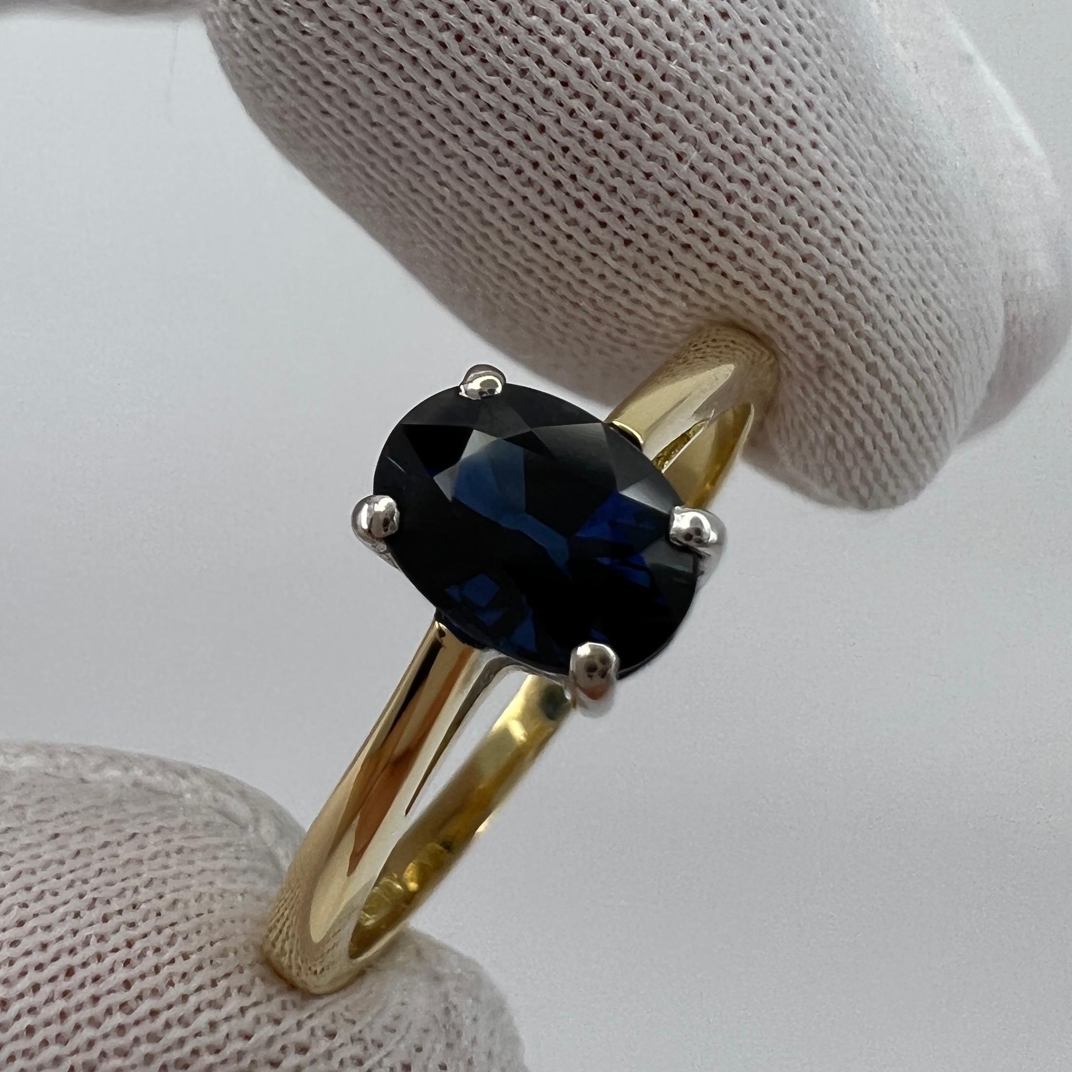 Fine 1.13ct Natural Deep Blue Sapphire Oval 18k White Yellow Gold Solitaire Ring In New Condition For Sale In Birmingham, GB