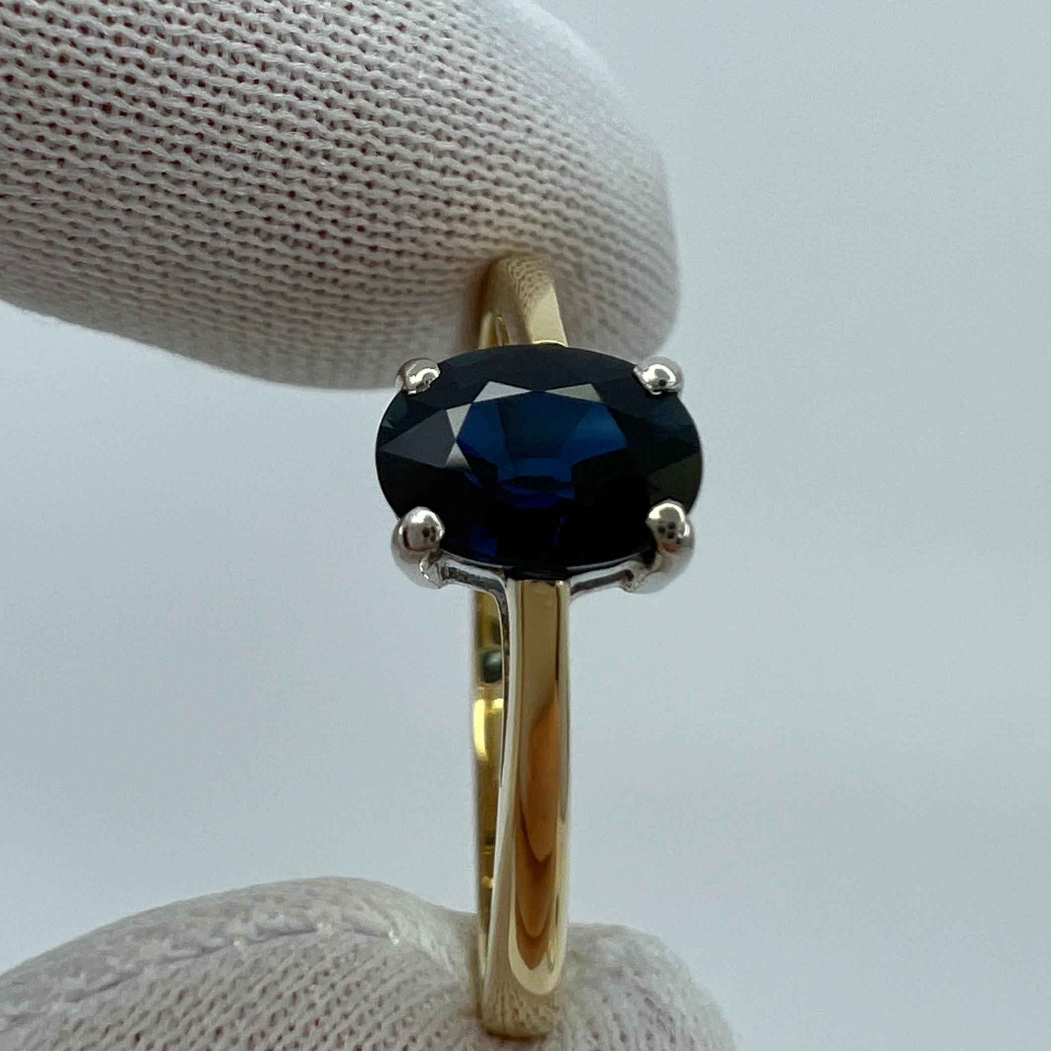 Fine 1.13ct Natural Deep Blue Sapphire Oval 18k White Yellow Gold Solitaire Ring For Sale 1